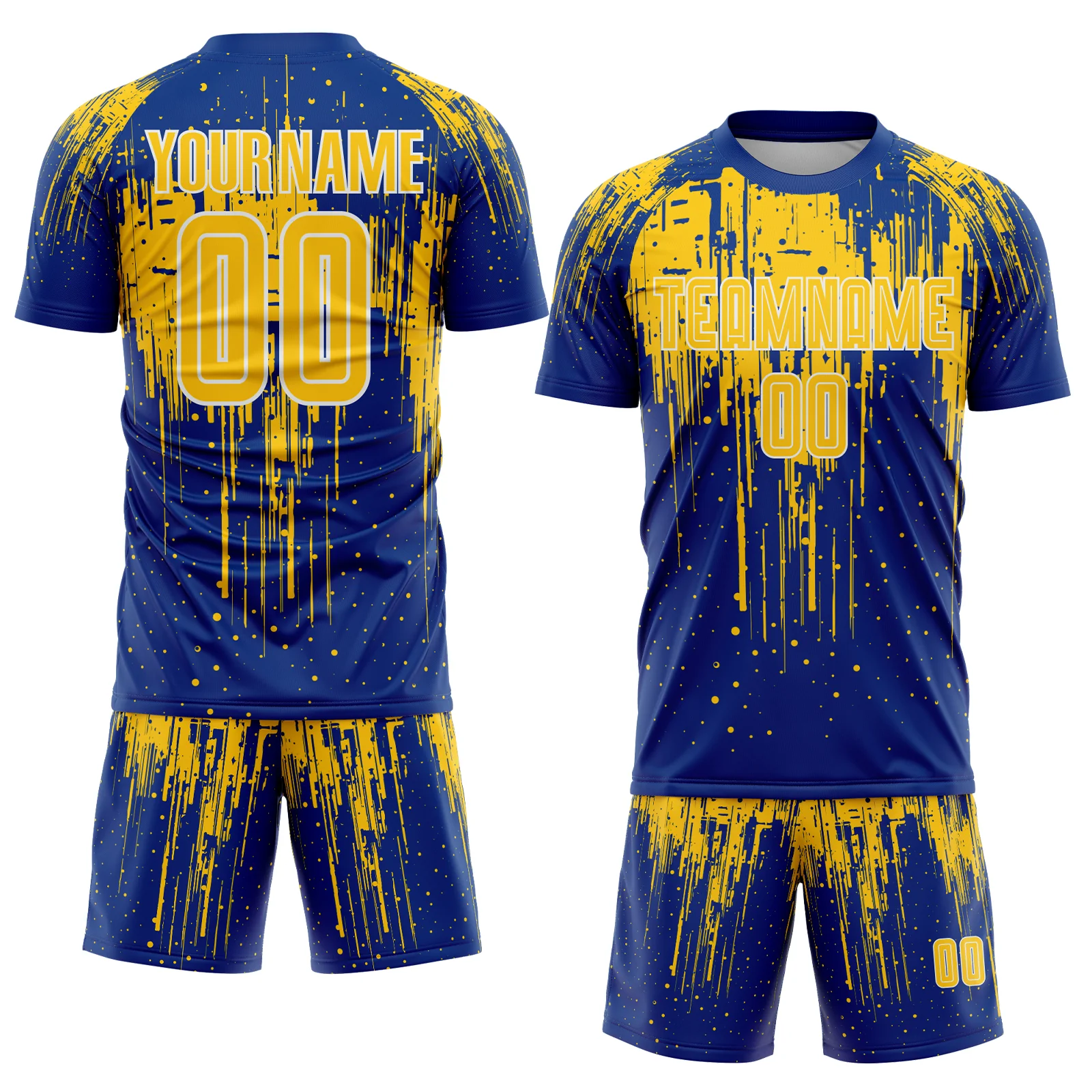 Custom Royal Yellow-White Dripping Splatte Pattern Sports Sublimation Soccer Uniform Jersey - Image 2