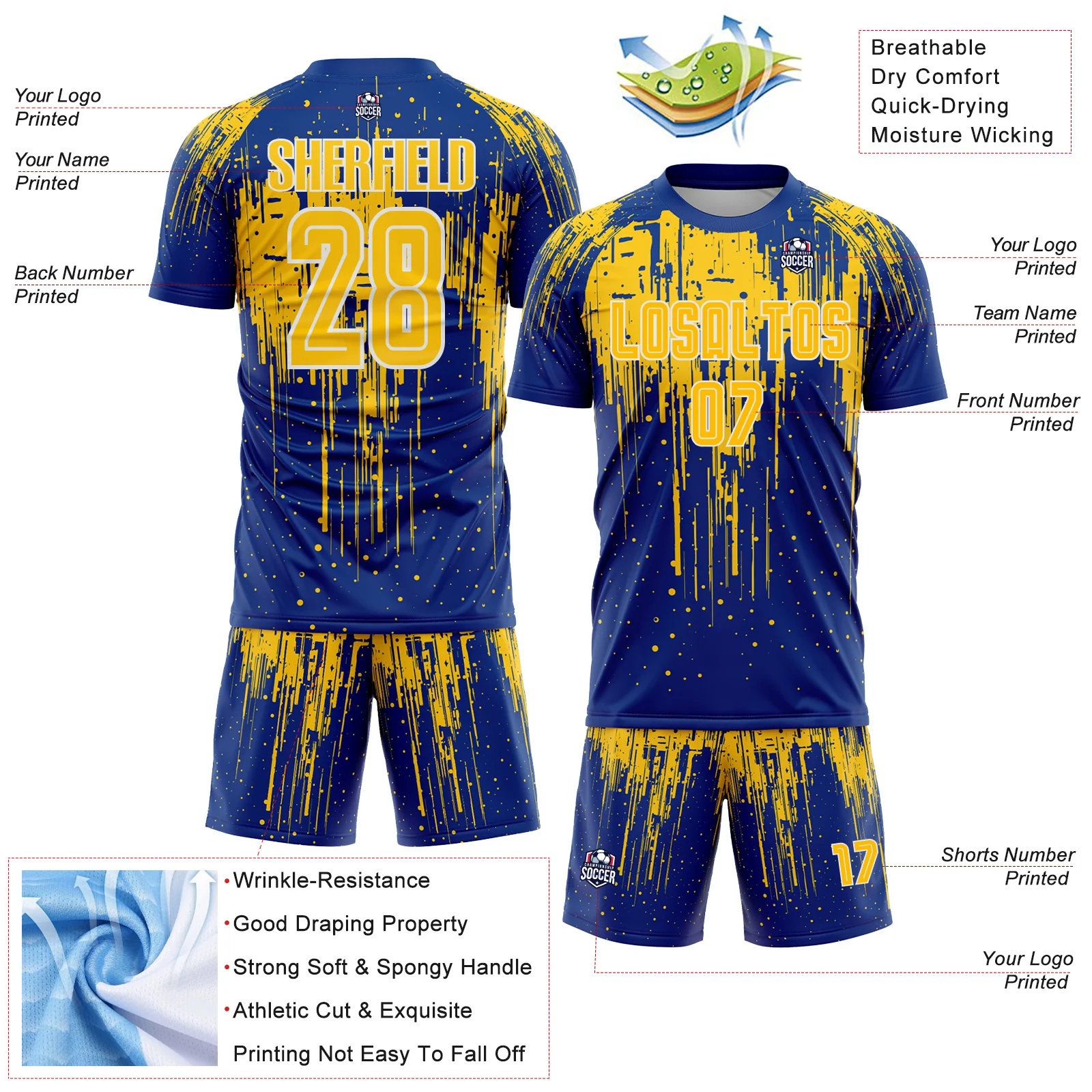 Custom Royal Yellow-White Dripping Splatte Pattern Sports Sublimation Soccer Uniform Jersey - Image 4