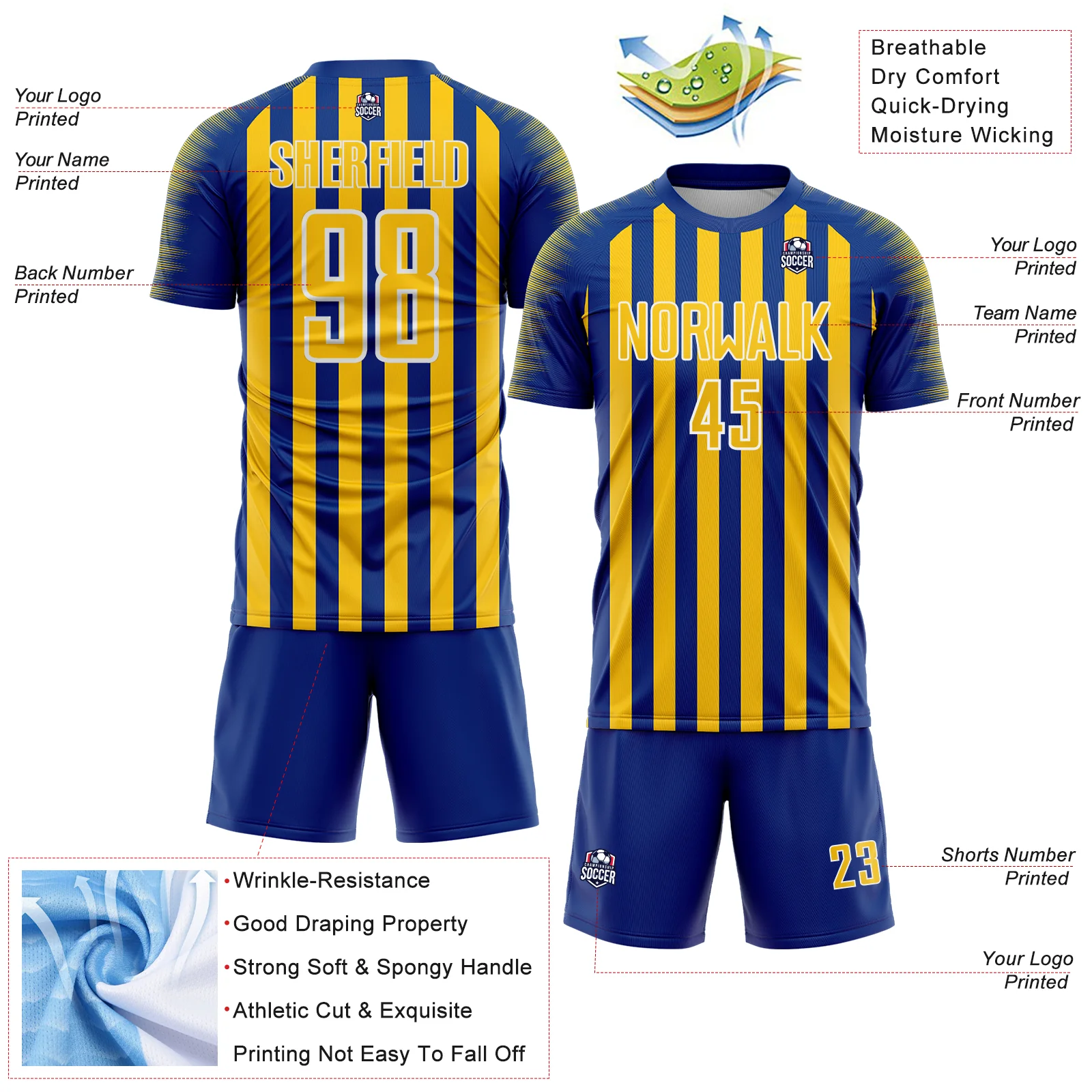 Custom Royal Yellow-White Stripe Sports Sublimation Soccer Uniform Jersey - Image 4