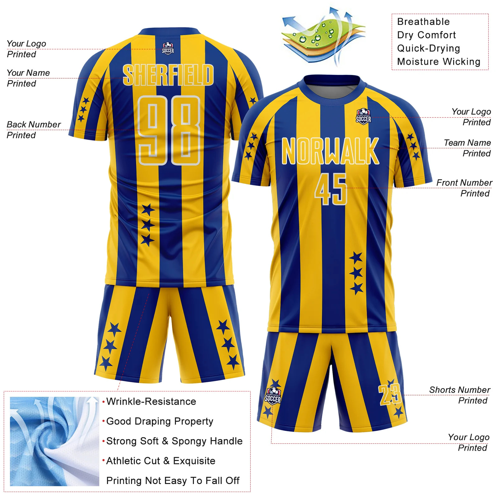 Custom Royal Yellow-White Stars And Stripes Sports Sublimation Soccer Uniform Jersey - Image 4