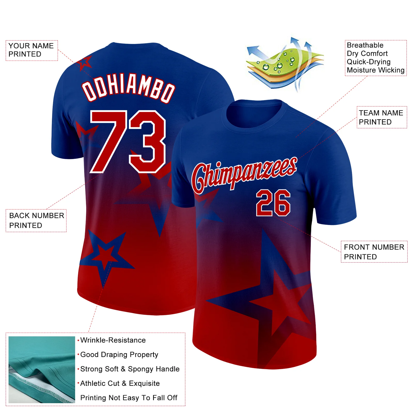 Custom Royal Red-White 3D Pattern Design Gradient Style Twinkle Star Performance T-Shirt - Image 2