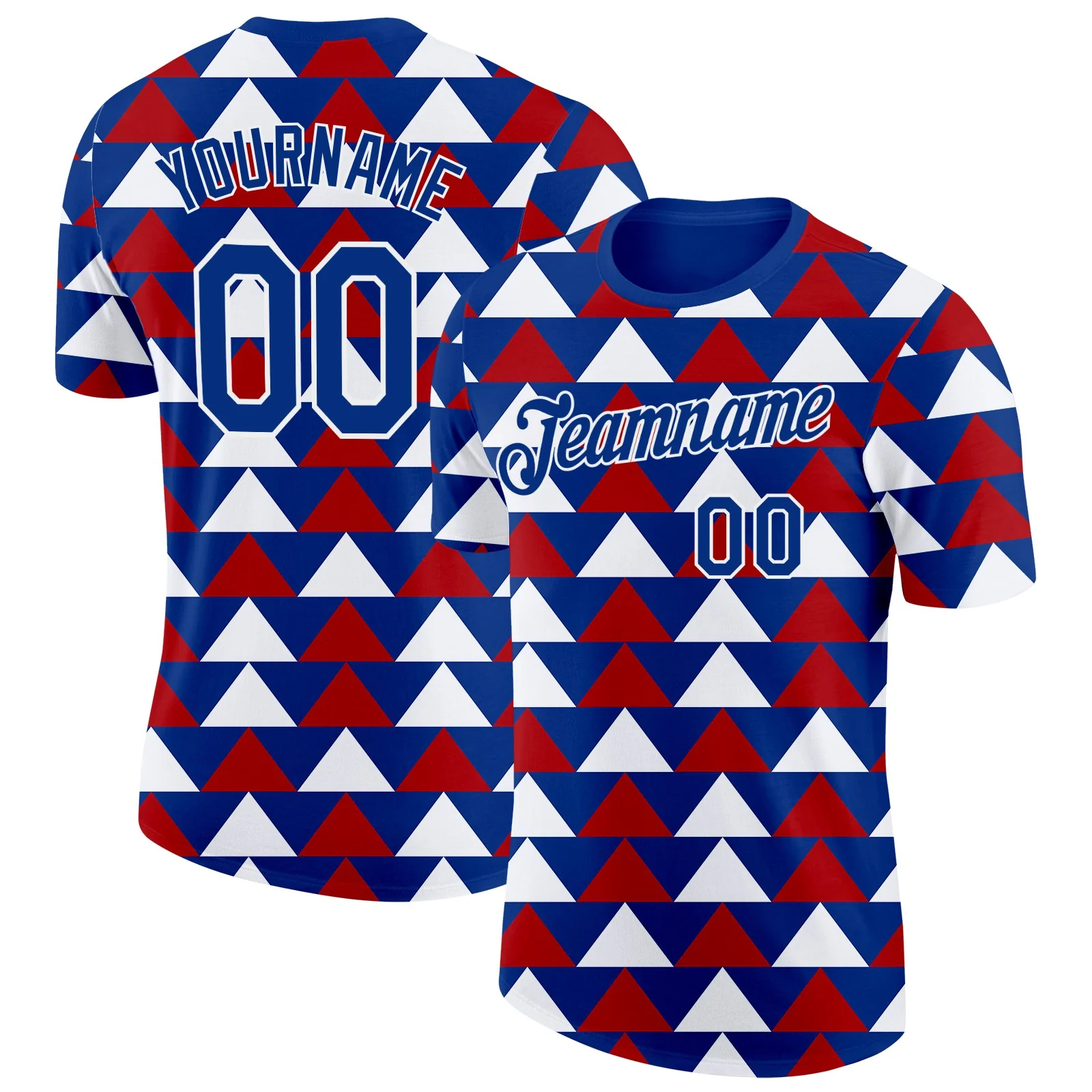 Custom Royal White-Red Norway Geometric Soccer Jersey Performance T-Shirt