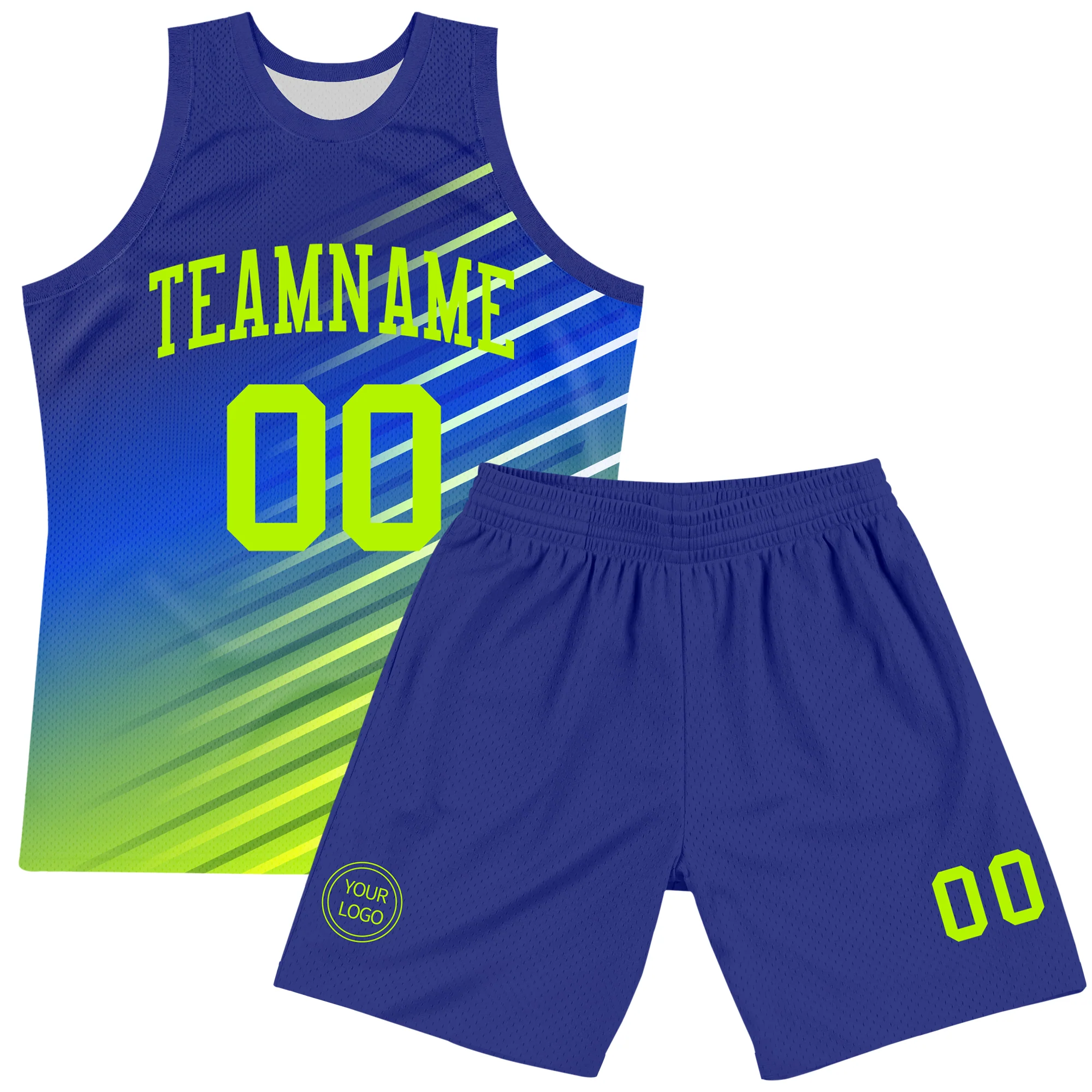 Custom Royal Neon Green-White Line Round Neck Sublimation Basketball Suit Jersey - Image 2