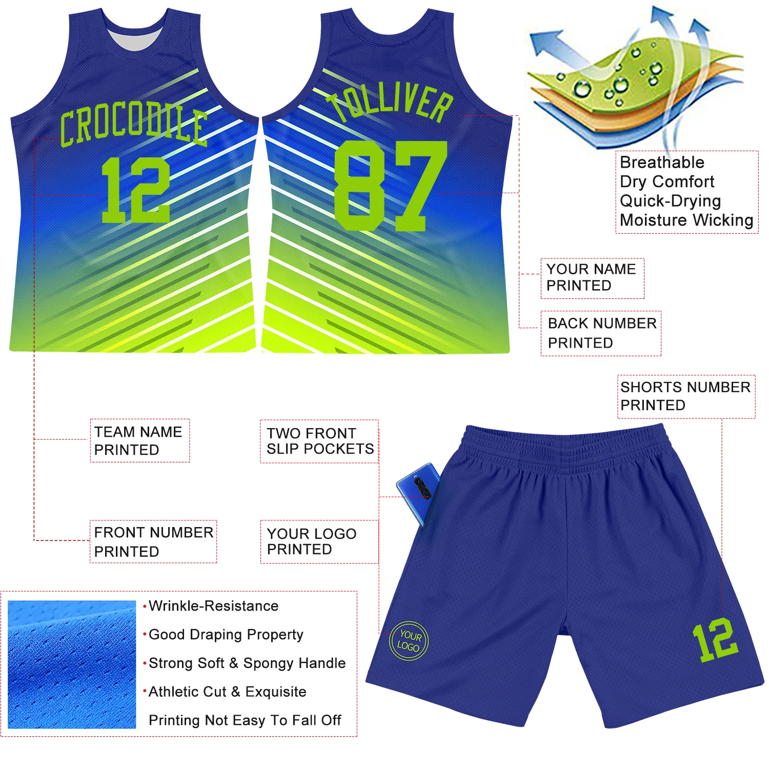 Custom Royal Neon Green-White Line Round Neck Sublimation Basketball Suit Jersey - Image 3