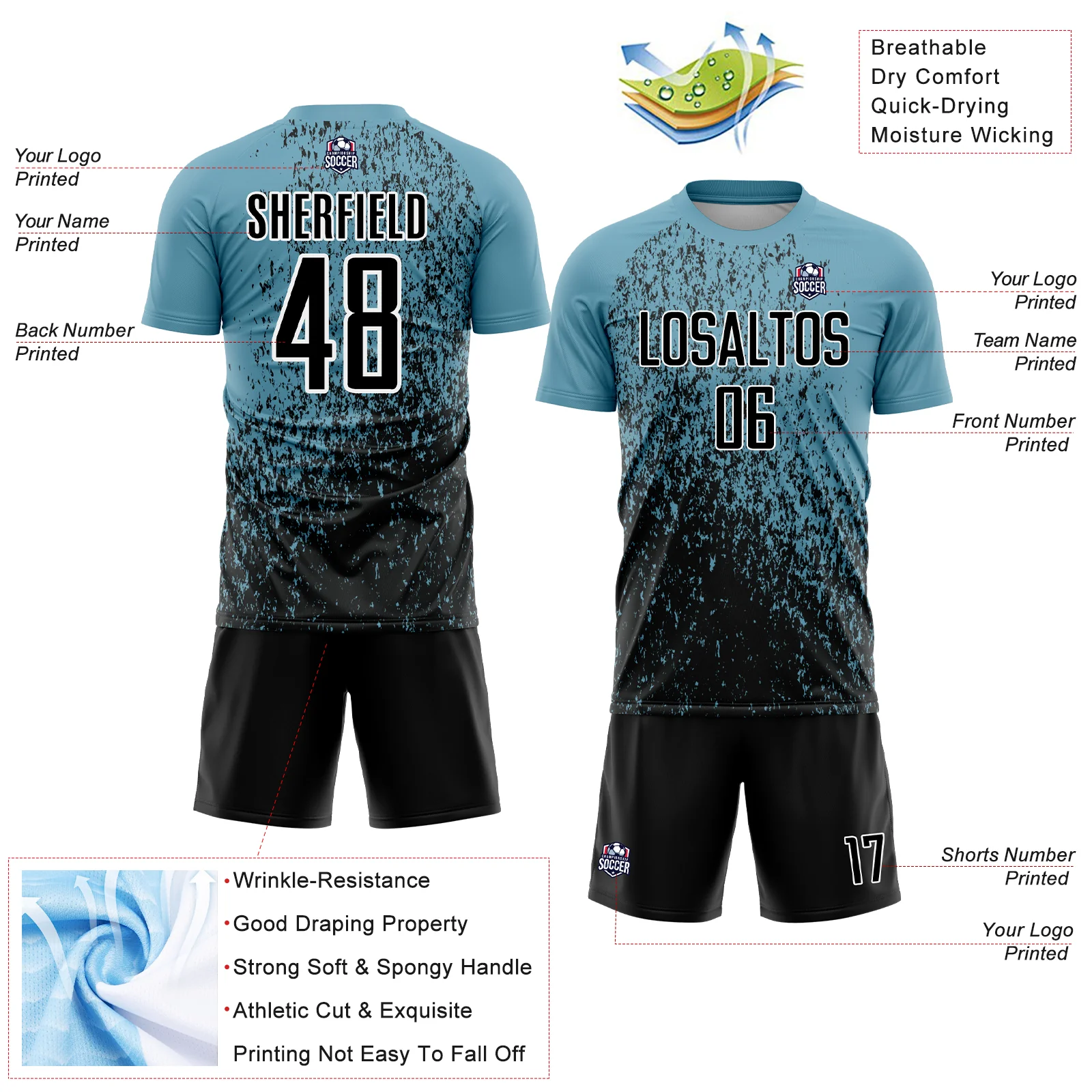 Custom Shadow Blue Black-White Abstract Fragment Art Sublimation Soccer Uniform Jersey - Image 4