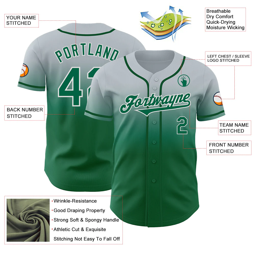 Custom Silver Kelly Green-White Authentic Fade Fashion Baseball Jersey - Image 3