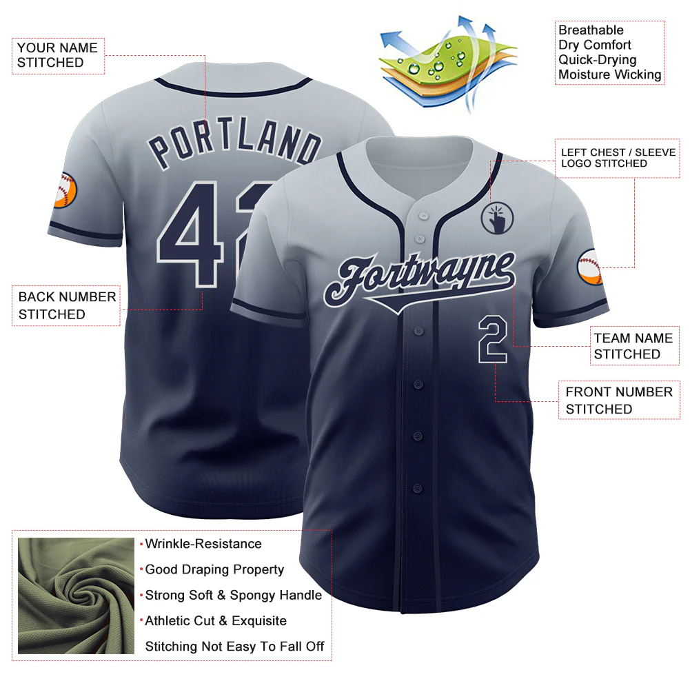 Custom Silver Navy-White Authentic Fade Fashion Baseball Jersey - Image 3