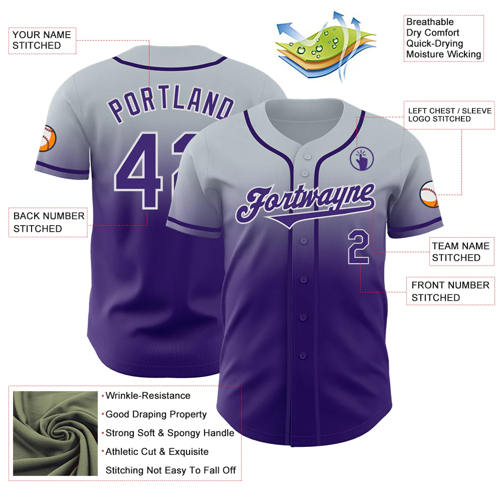 Custom Silver Purple-White Authentic Fade Fashion Baseball Jersey - Image 3