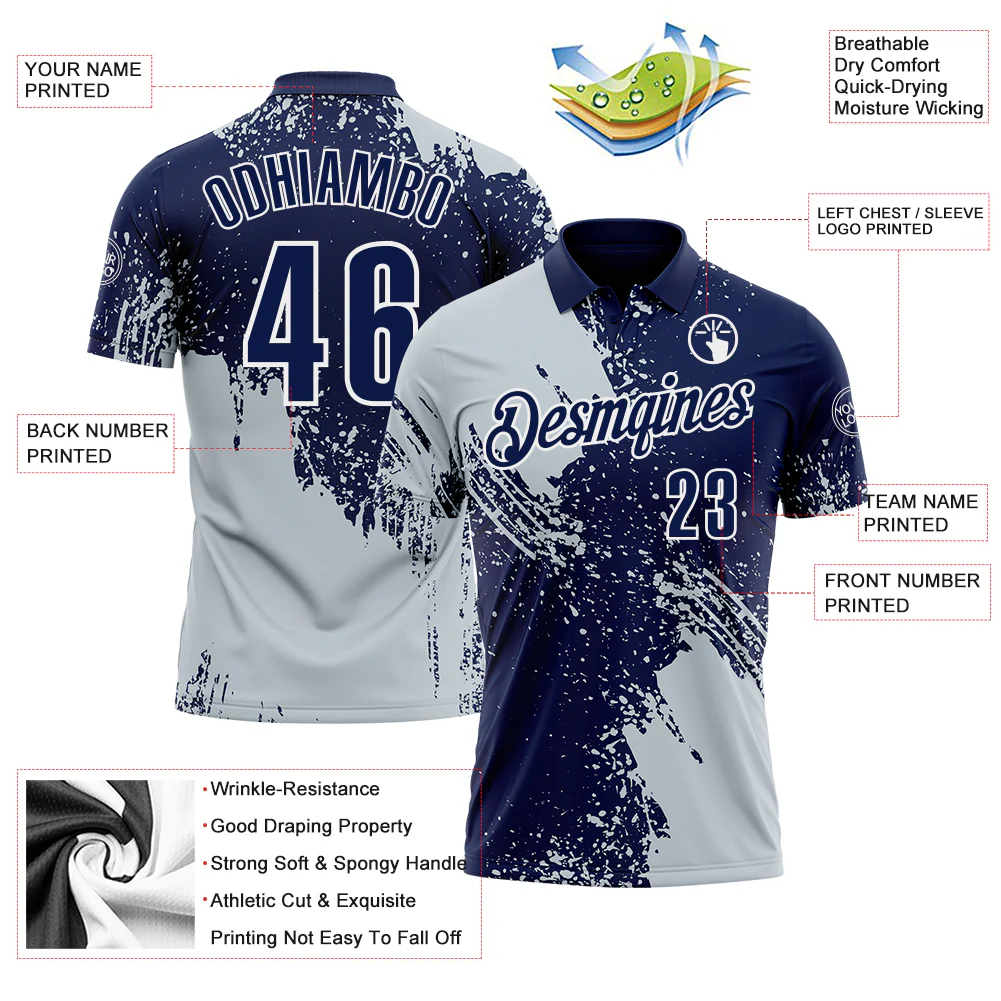 Custom Silver Navy-White 3D Pattern Design Abstract Brush Stroke Performance Polo Shirt - Image 3