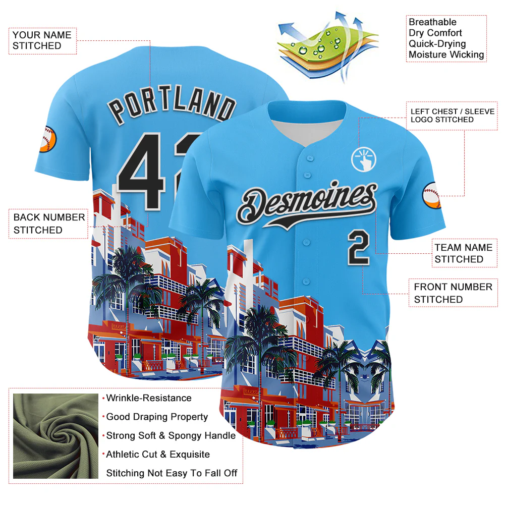 Custom Sky Blue Black-White 3D Nikita Fraser Ocean Drive Authentic Baseball Jersey - Image 3