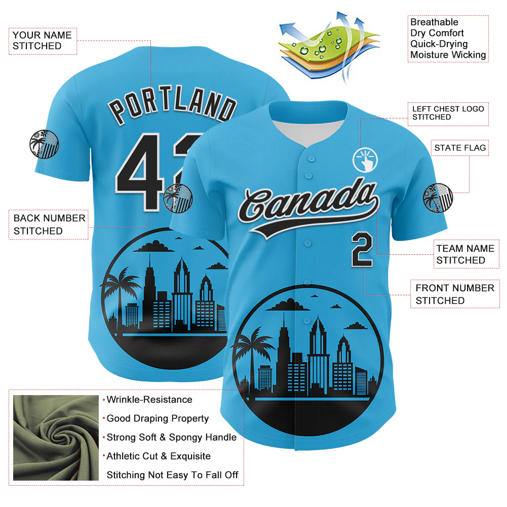 Custom Sky Blue Black-White 3D Urban City Edition Sports Authentic Baseball Jersey - Image 3