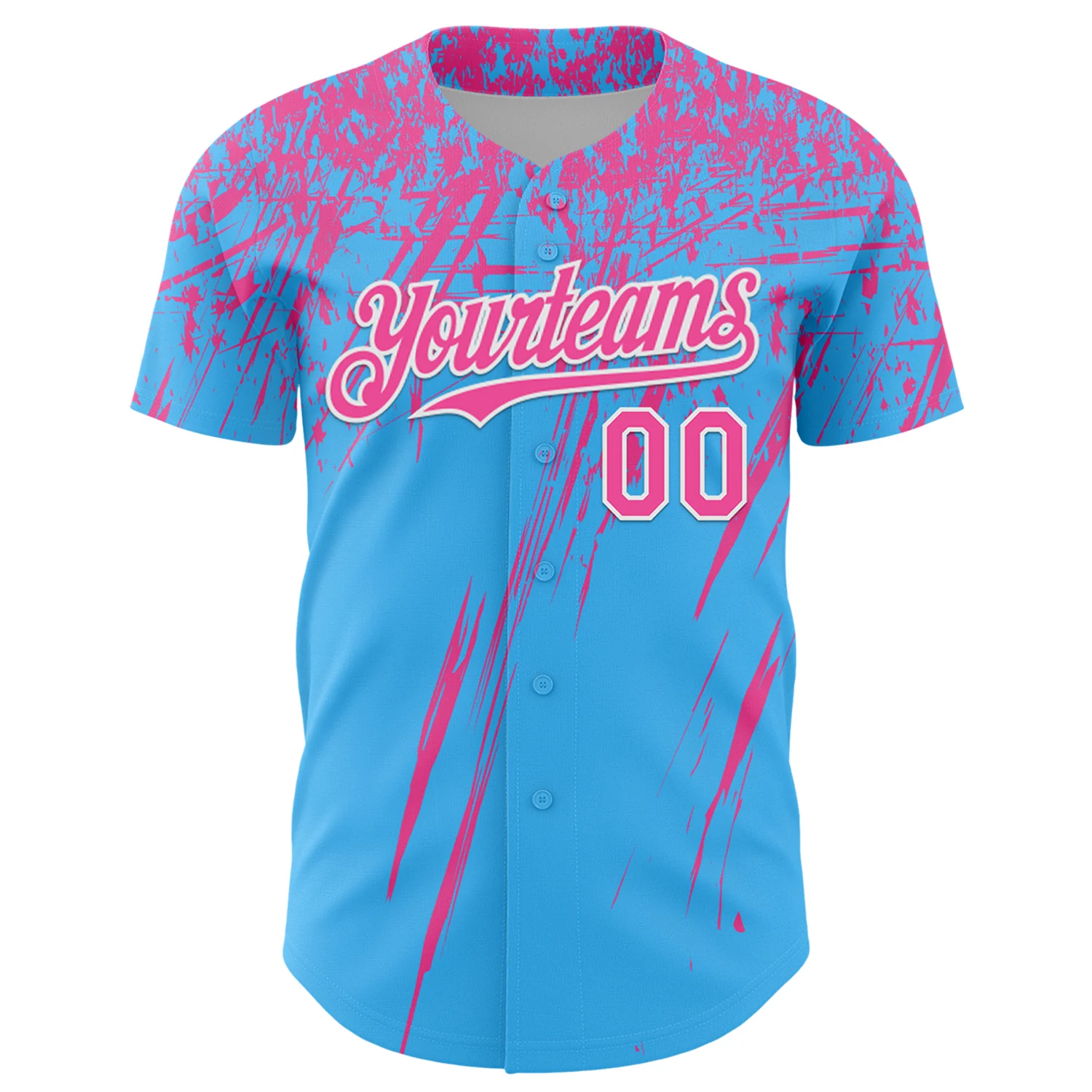 Custom Sky Blue Pink-White Distressed Scratch Brush Stroke Authentic Baseball Jersey - Image 2