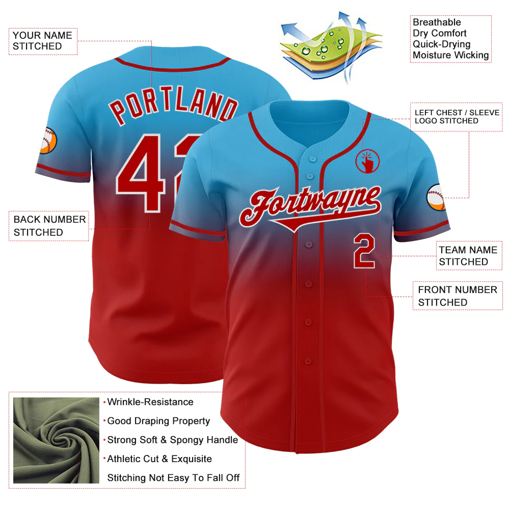 Custom Sky Blue Red-White Authentic Fade Fashion Baseball Jersey - Image 3