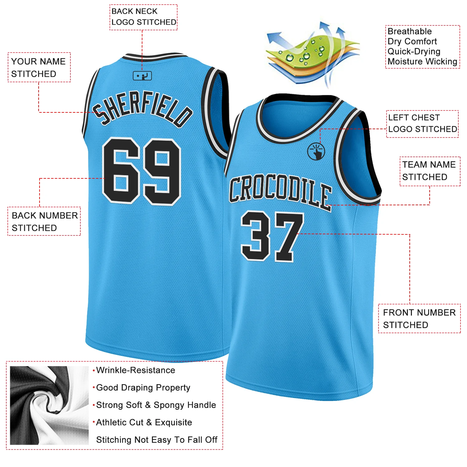 Custom Sky Blue Black-White Authentic Basketball Jersey - Image 2