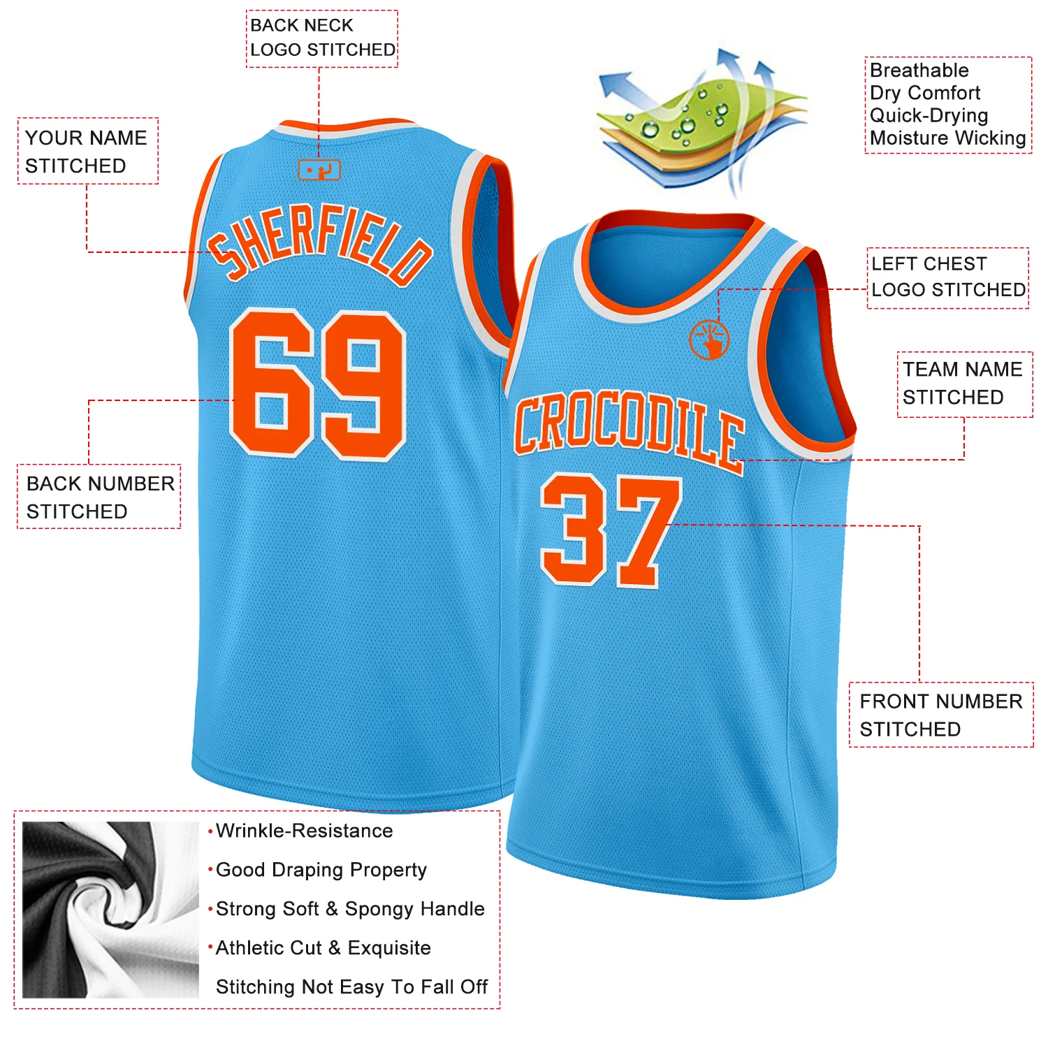 Custom Sky Blue Orange-White Authentic Basketball Jersey - Image 2