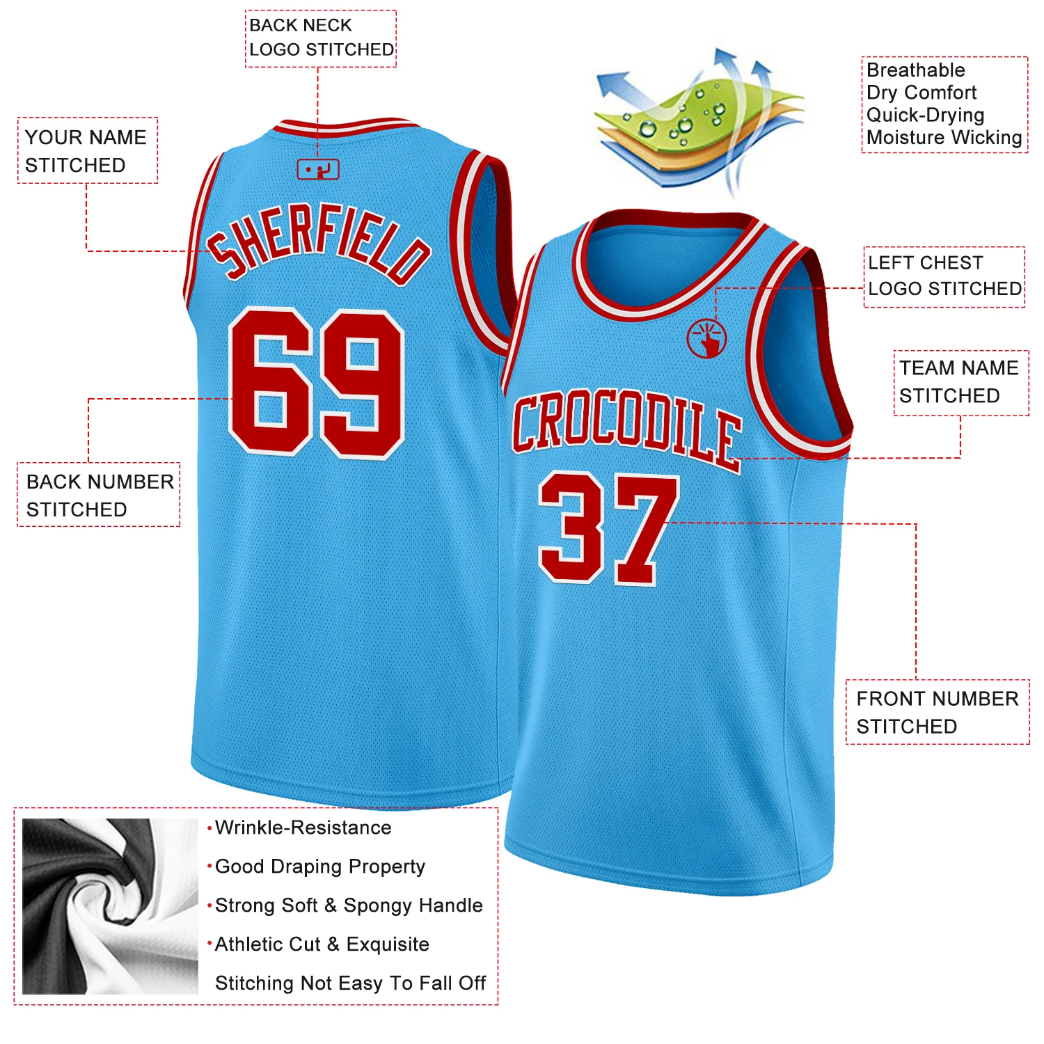 Custom Sky Blue Red-White Authentic Basketball Jersey - Image 2