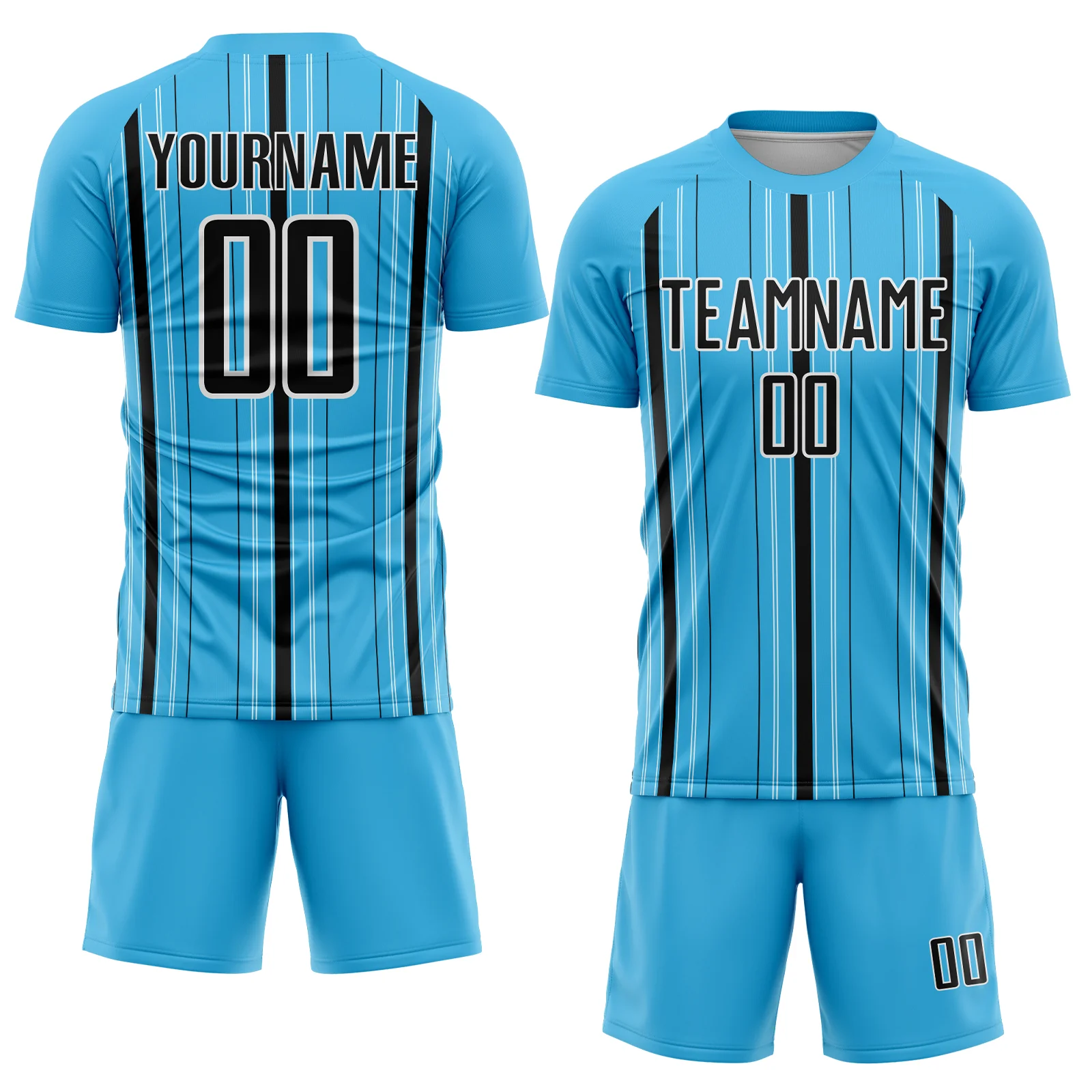 Custom Sky Blue Black-White Stripe Sublimation Soccer Uniform Jersey - Image 2