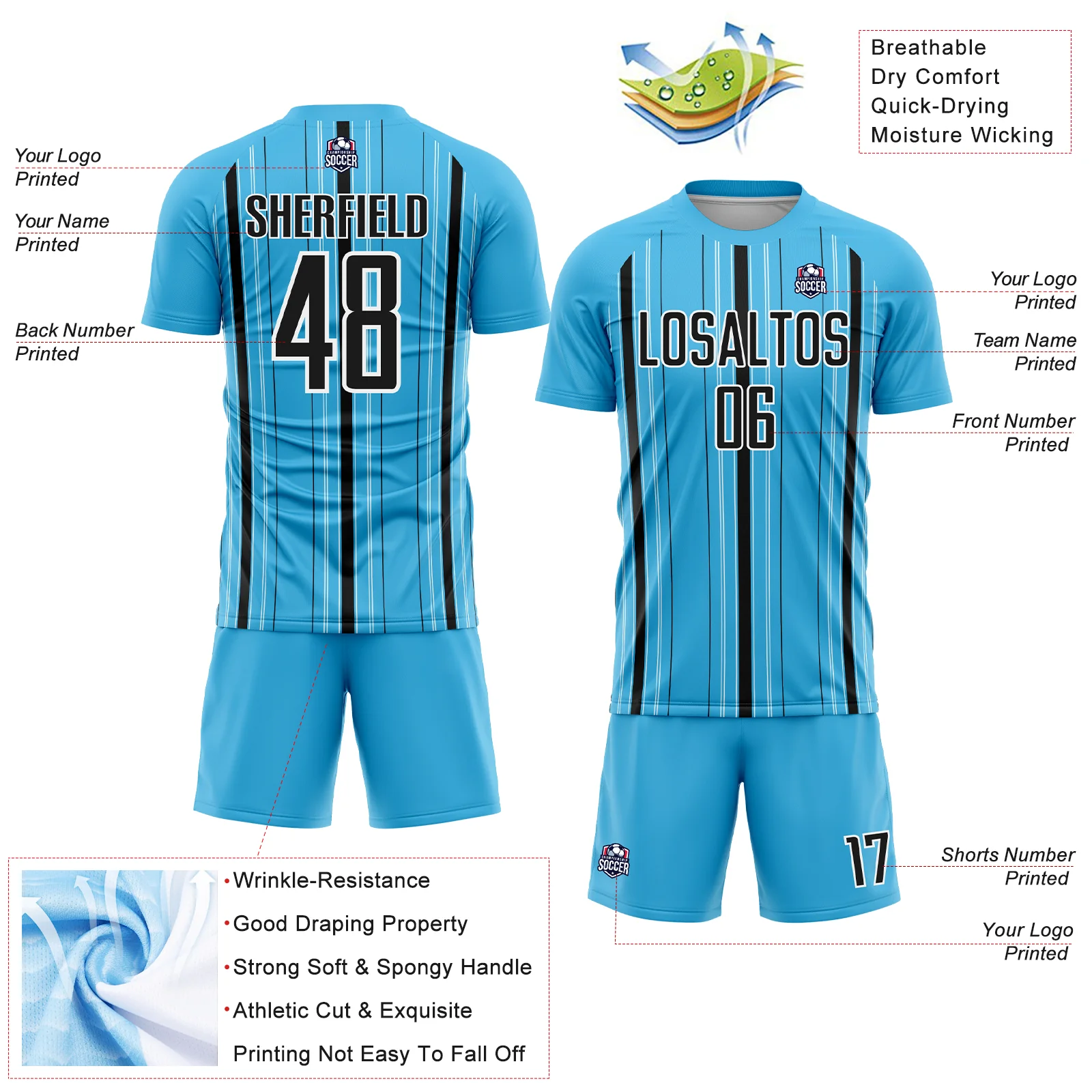 Custom Sky Blue Black-White Stripe Sublimation Soccer Uniform Jersey - Image 4