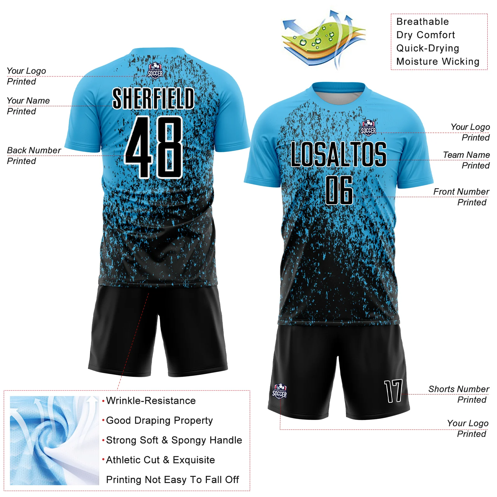 Custom Sky Blue Black-White Abstract Fragment Art Sublimation Soccer Uniform Jersey - Image 4