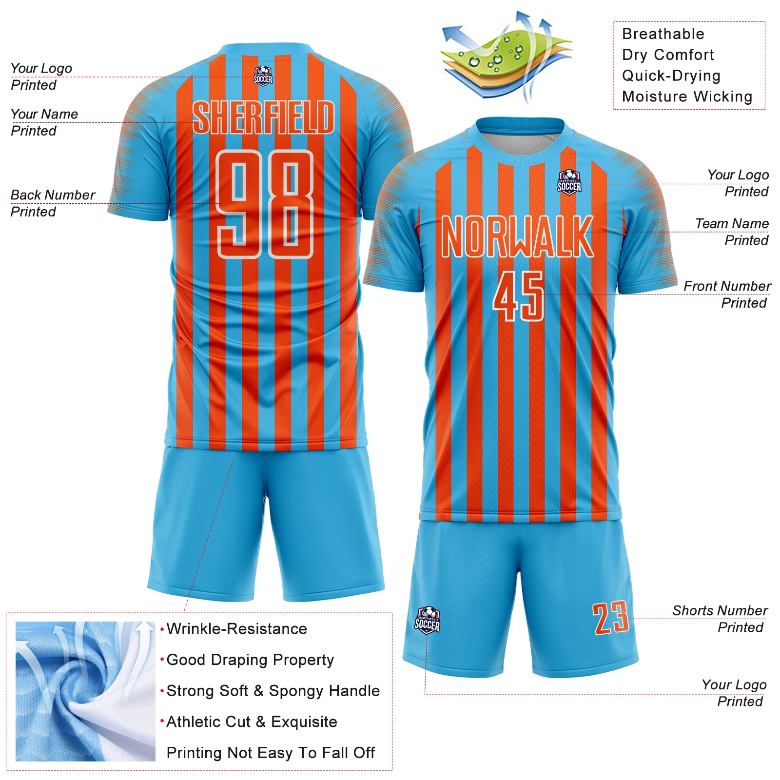 Custom Sky Blue Orange-White Stripe Sports Sublimation Soccer Uniform Jersey - Image 4