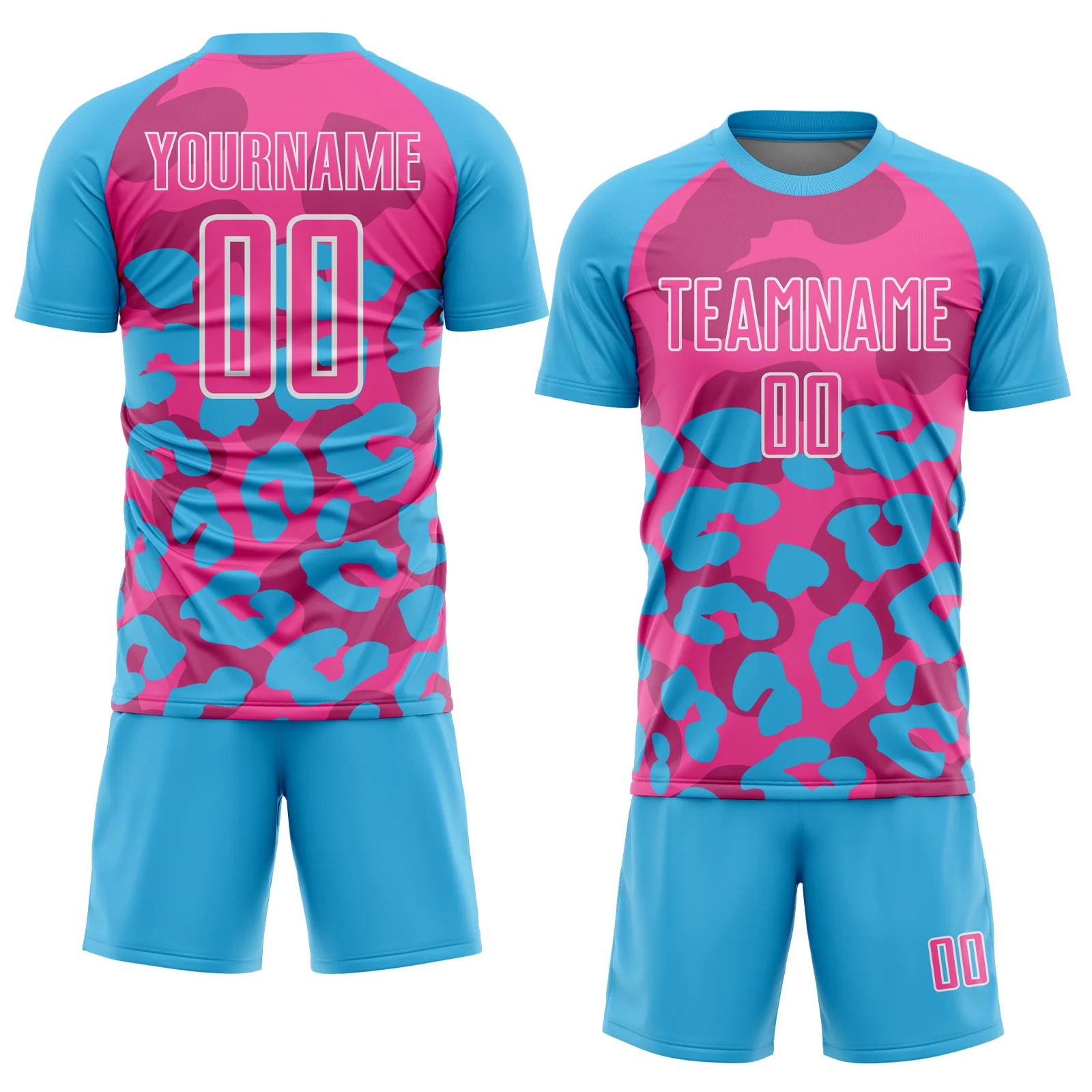 Custom Sky Blue Pink-White Animal Leopard Print Sports Sublimation Soccer Uniform Jersey - Image 2