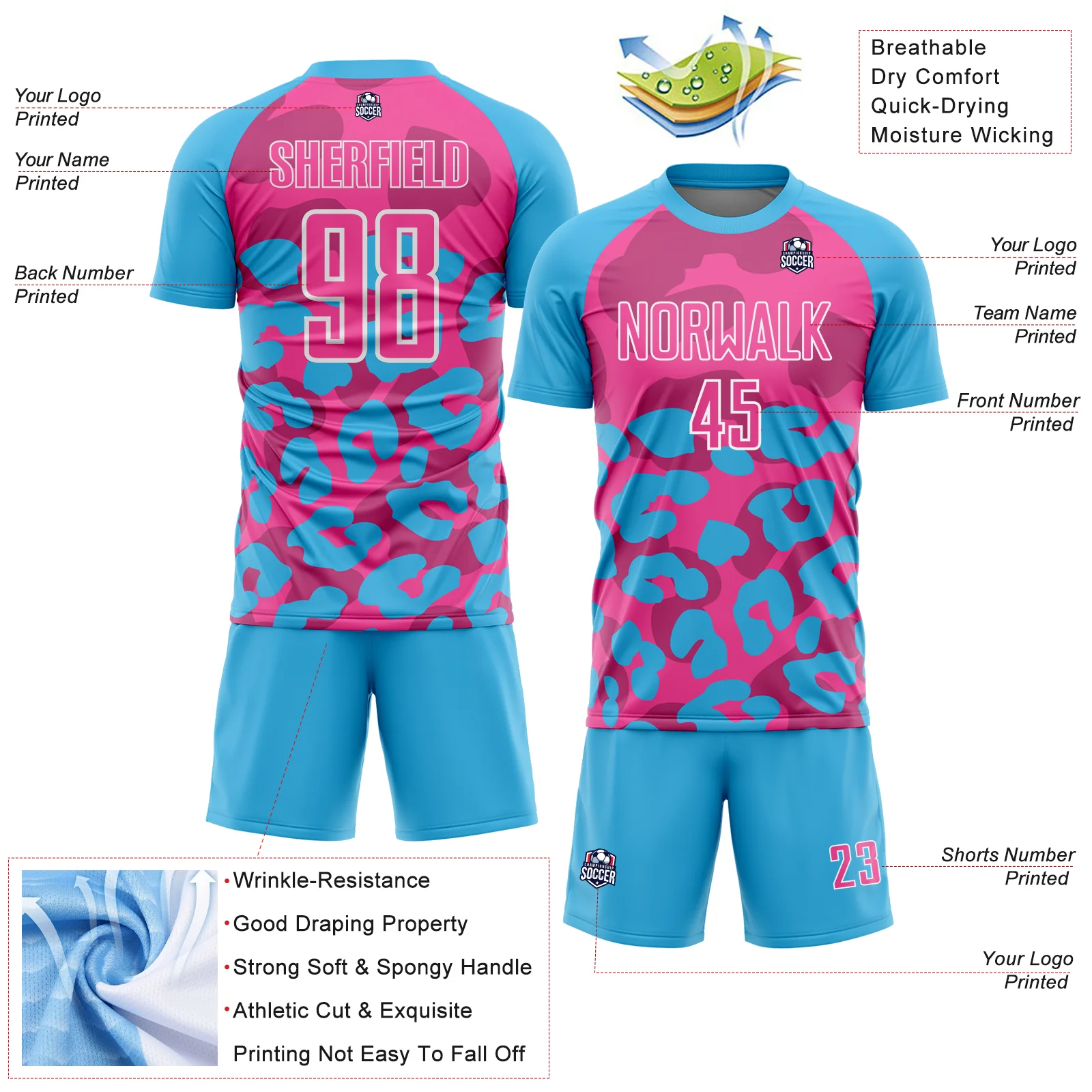 Custom Sky Blue Pink-White Animal Leopard Print Sports Sublimation Soccer Uniform Jersey - Image 4