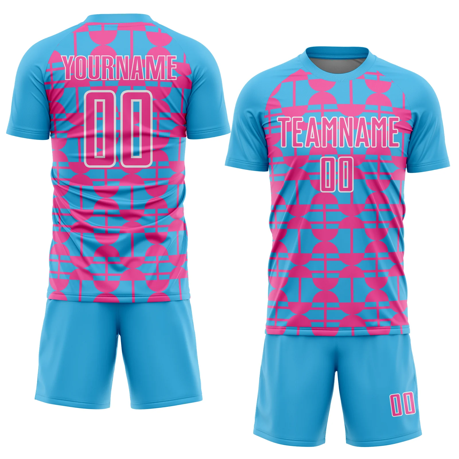 Custom Sky Blue Pink-White Geometric Shapes Sports Sublimation Soccer Uniform Jersey - Image 2