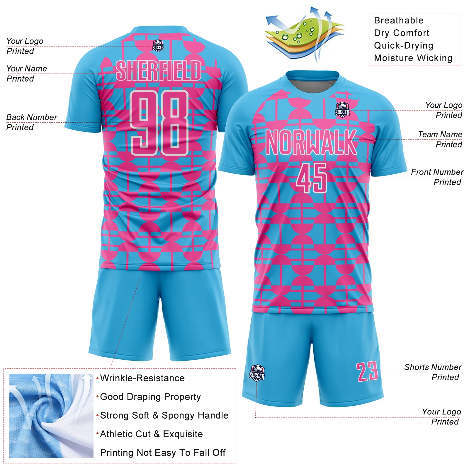 Custom Sky Blue Pink-White Geometric Shapes Sports Sublimation Soccer Uniform Jersey - Image 4