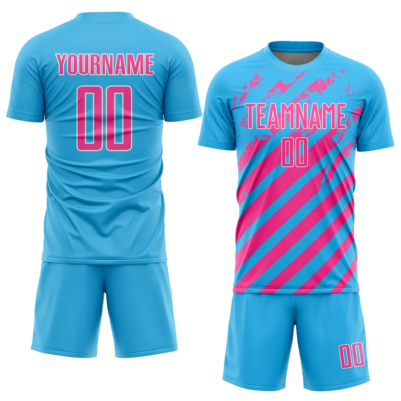 Custom Sky Blue Pink-White Distressed Diagonal Stripe Pattern Sports Sublimation Soccer Uniform Jersey - Image 2