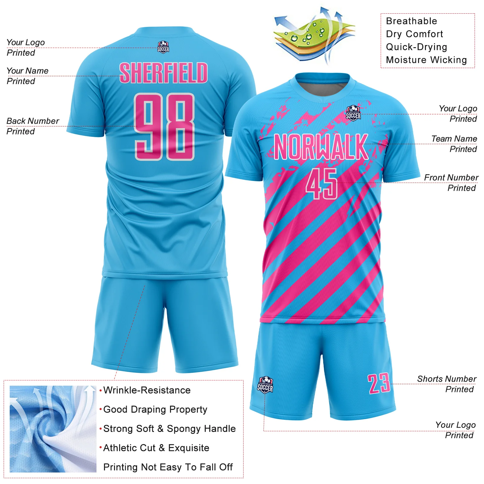 Custom Sky Blue Pink-White Distressed Diagonal Stripe Pattern Sports Sublimation Soccer Uniform Jersey - Image 4