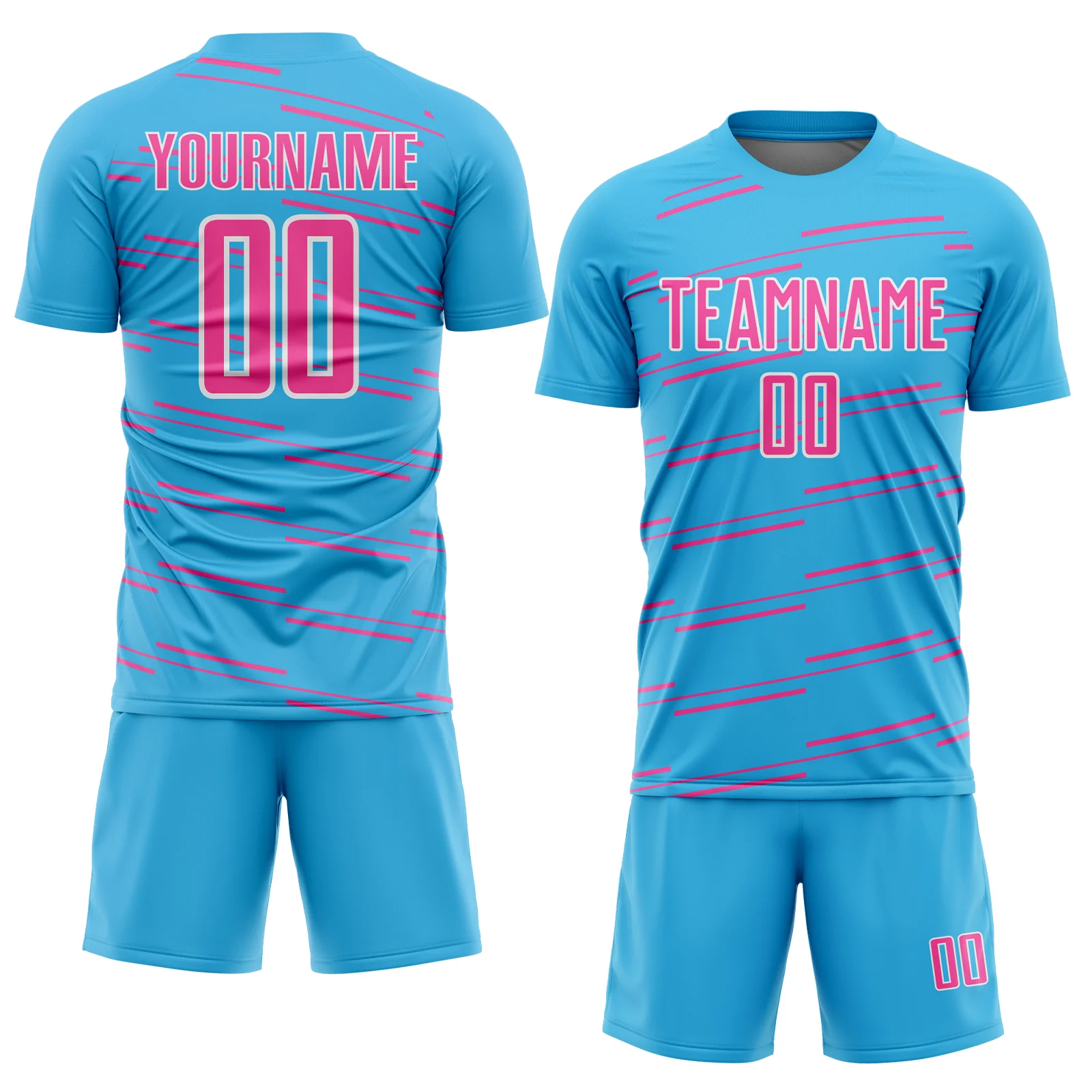 Custom Sky Blue Pink-White Diagonal Pinstripes Lines Sports Sublimation Soccer Uniform Jersey - Image 2