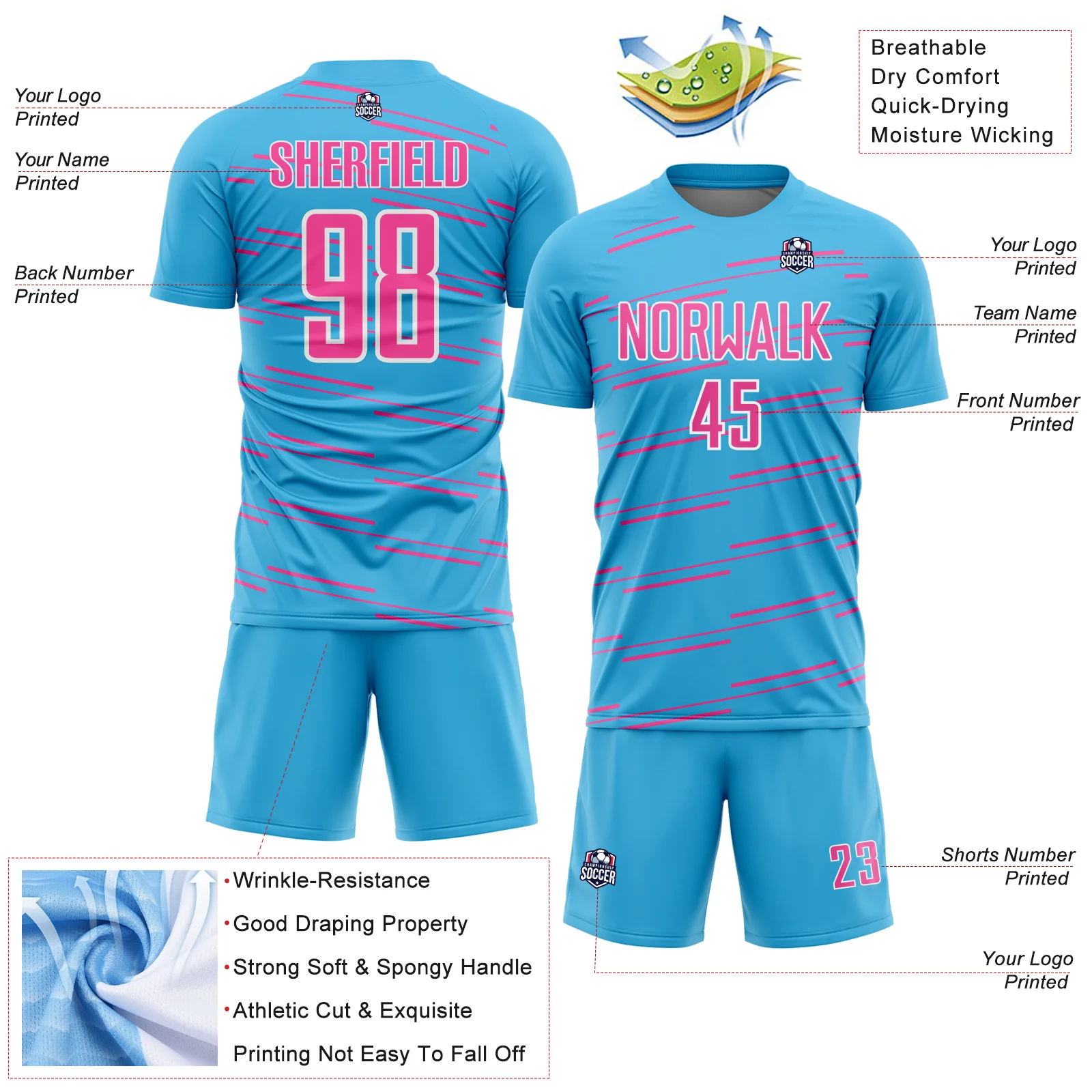 Custom Sky Blue Pink-White Diagonal Pinstripes Lines Sports Sublimation Soccer Uniform Jersey - Image 4