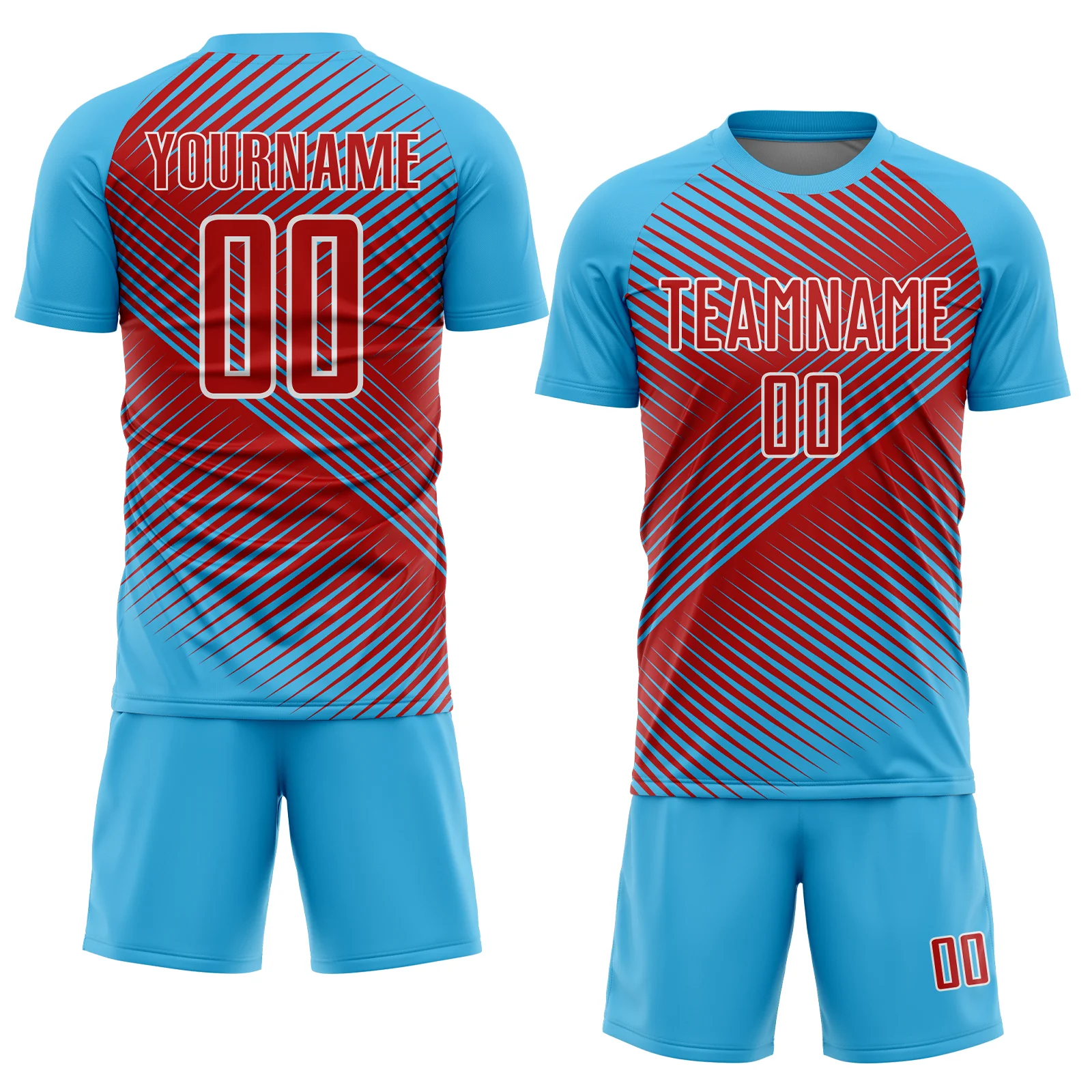 Custom Sky Blue Red-White Line Sublimation Soccer Uniform Jersey - Image 2