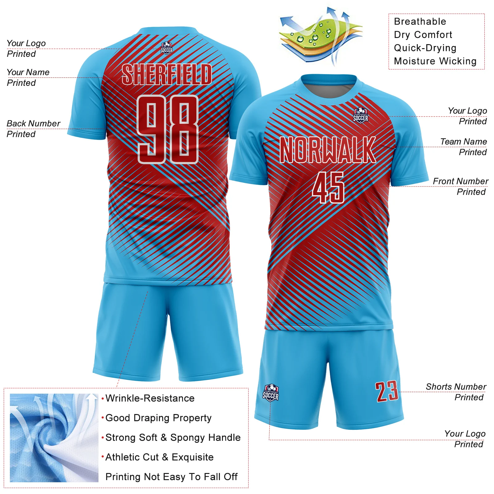 Custom Sky Blue Red-White Line Sublimation Soccer Uniform Jersey - Image 4