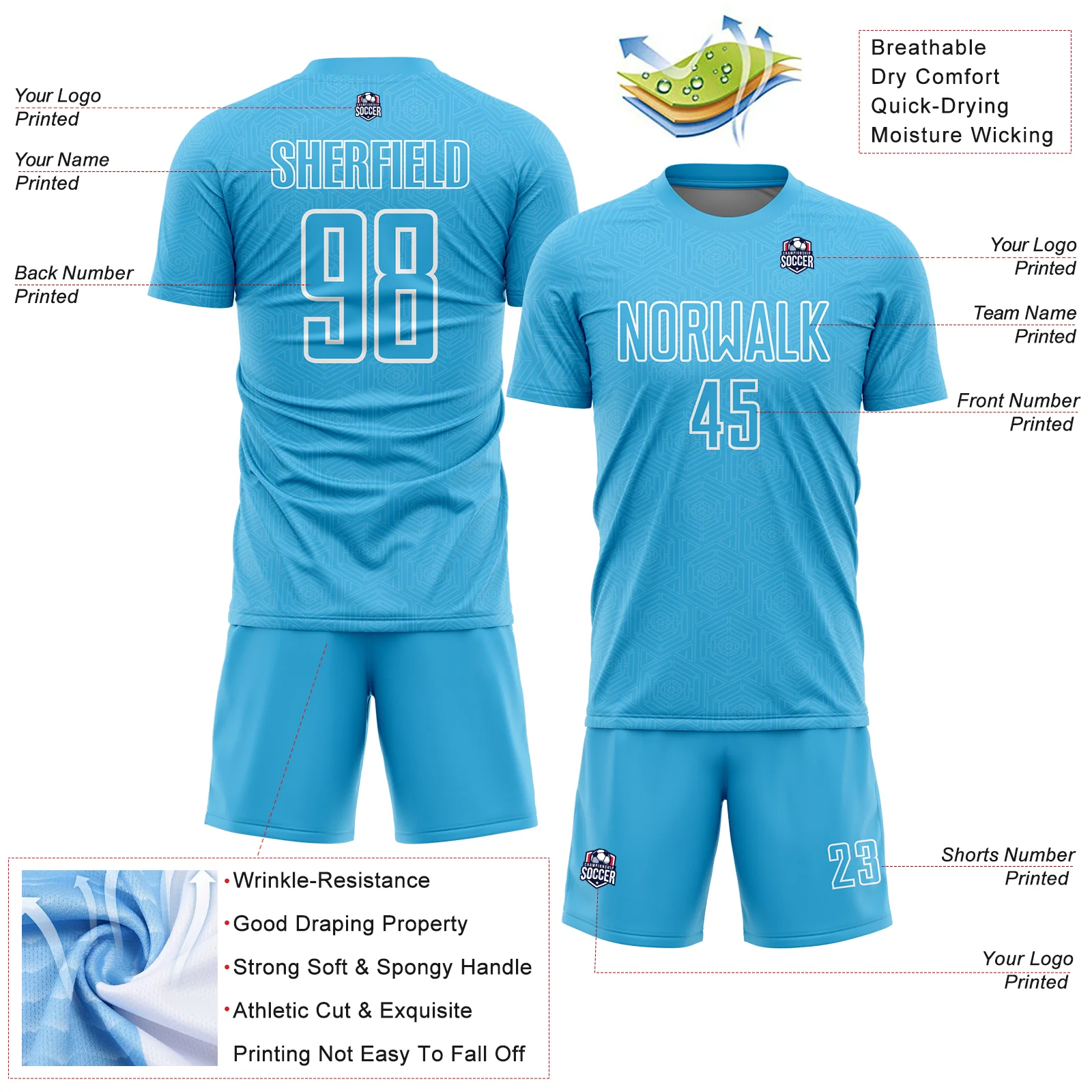 Custom Sky Blue White Geometric Shape Sublimation Soccer Uniform Jersey - Image 4