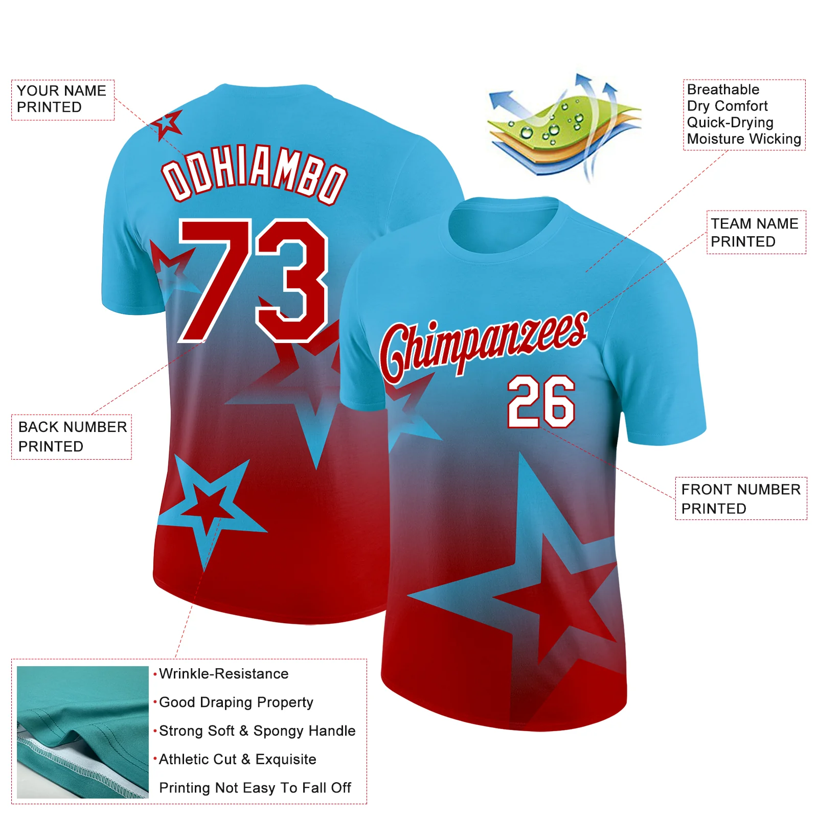 Custom Sky Blue Red-White 3D Pattern Design Gradient Style Twinkle Star Performance T-Shirt - Image 2