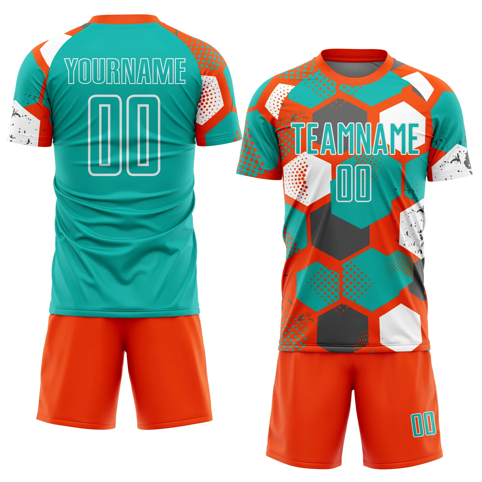 Custom Orange Aqua-White Geometric Shape Sublimation Soccer Uniform Jersey - Image 2