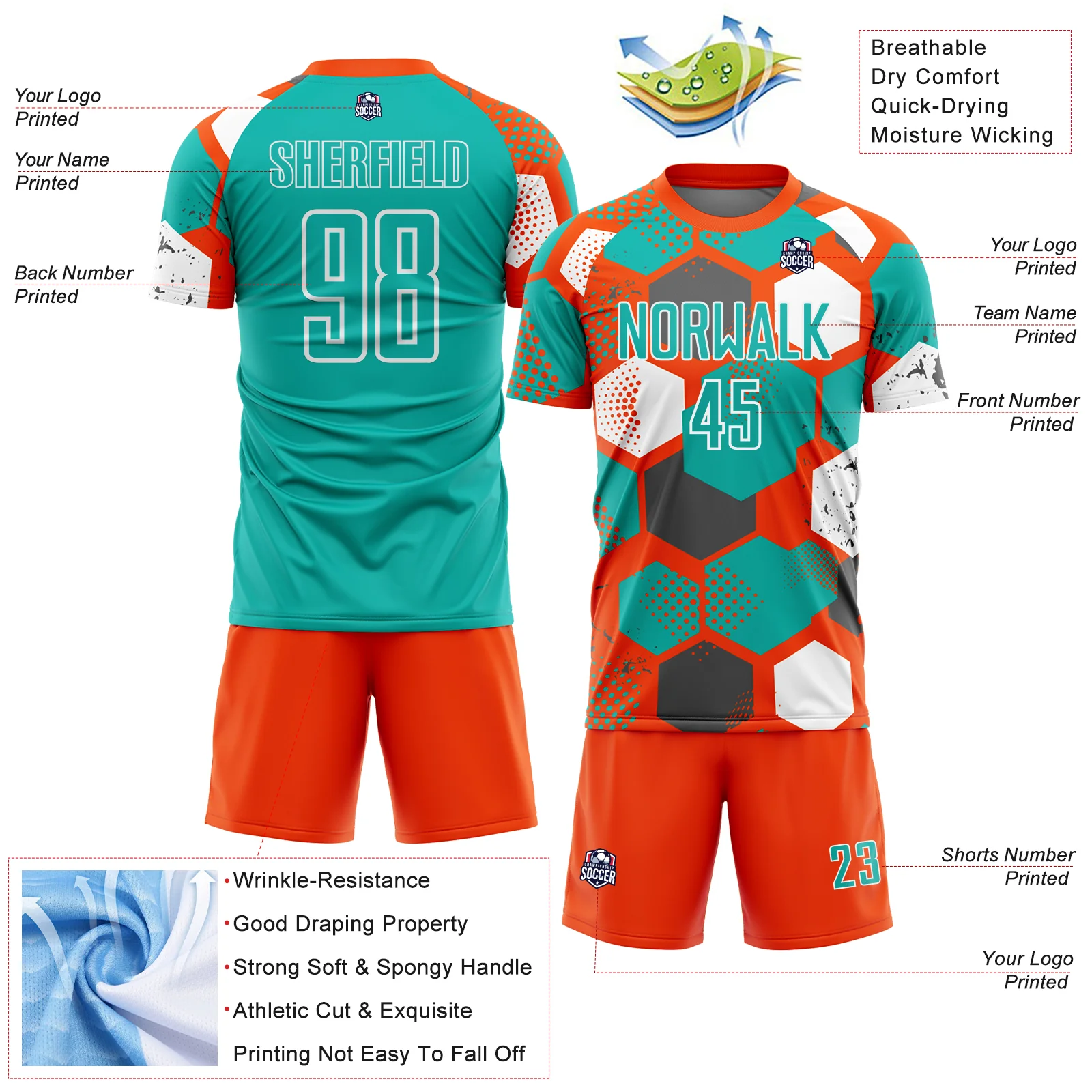 Custom Orange Aqua-White Geometric Shape Sublimation Soccer Uniform Jersey - Image 4