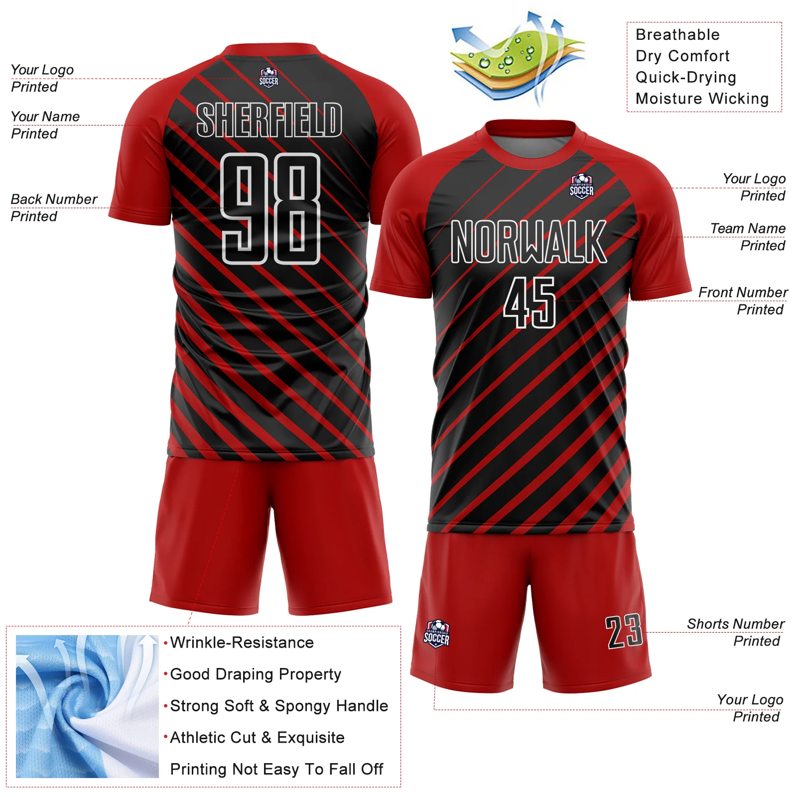 Custom Red Black-White Lines Sublimation Soccer Uniform Jersey - Image 4