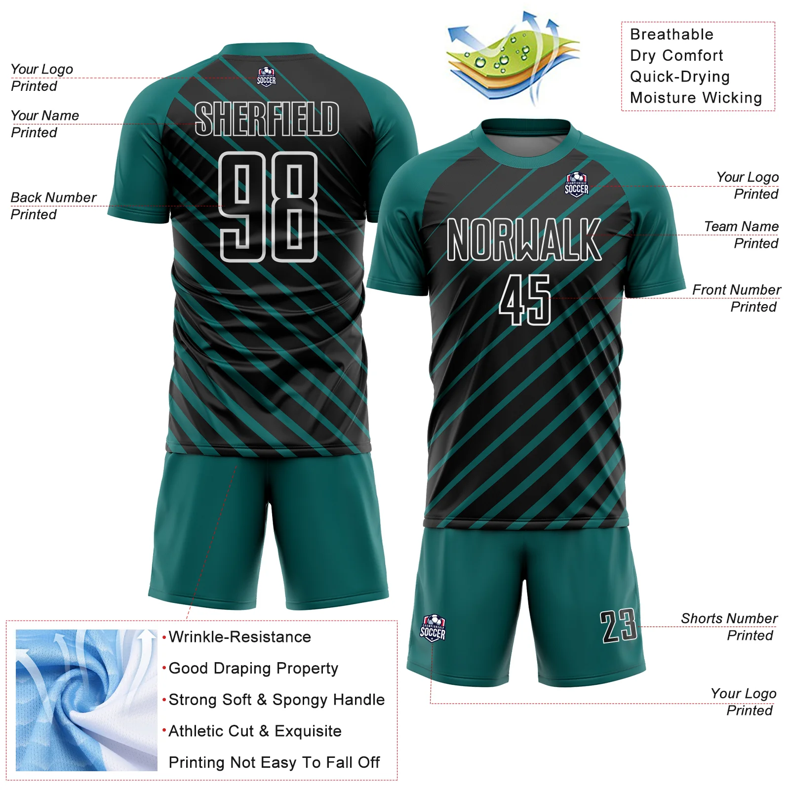 Custom Teal Black-White Lines Sublimation Soccer Uniform Jersey - Image 4
