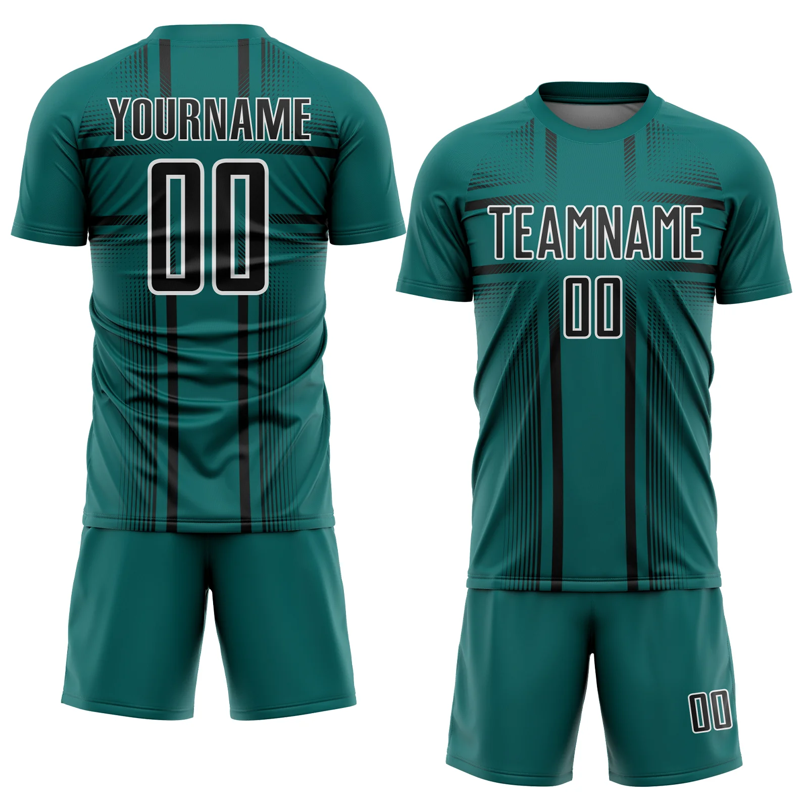 Custom Teal Black-White Lines Sublimation Soccer Uniform Jersey - Image 2