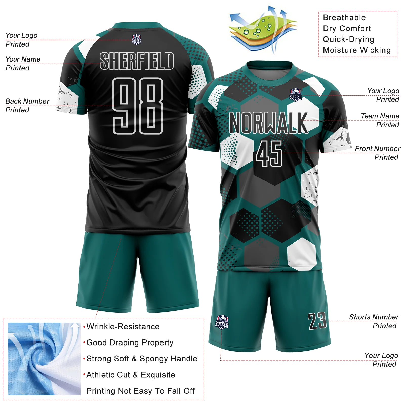Custom Teal Black-White Geometric Shape Sublimation Soccer Uniform Jersey - Image 4