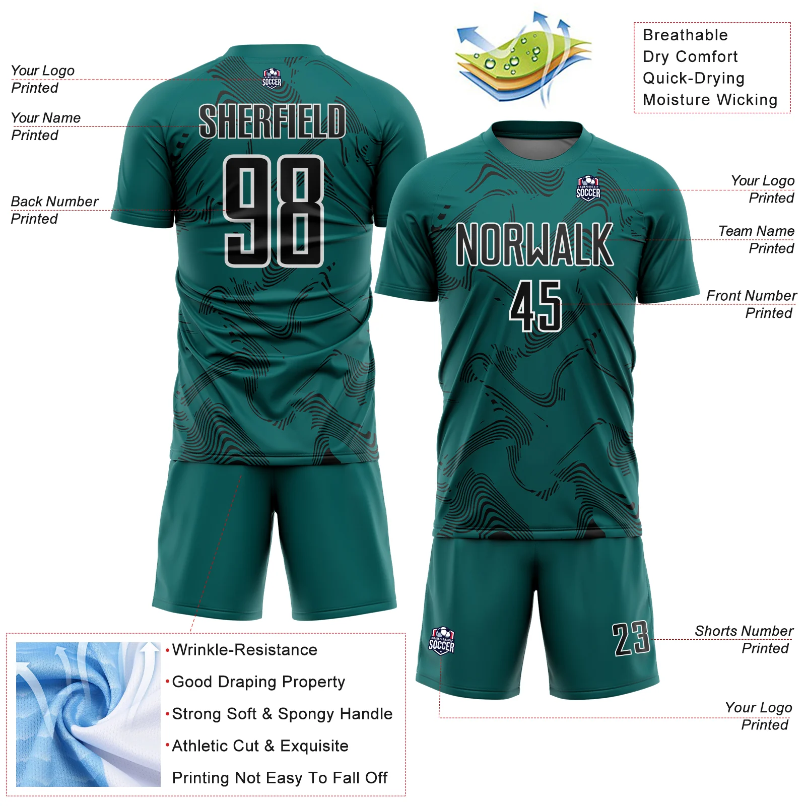 Custom Teal Black-White Curve Lines Sports Sublimation Soccer Uniform Jersey - Image 4