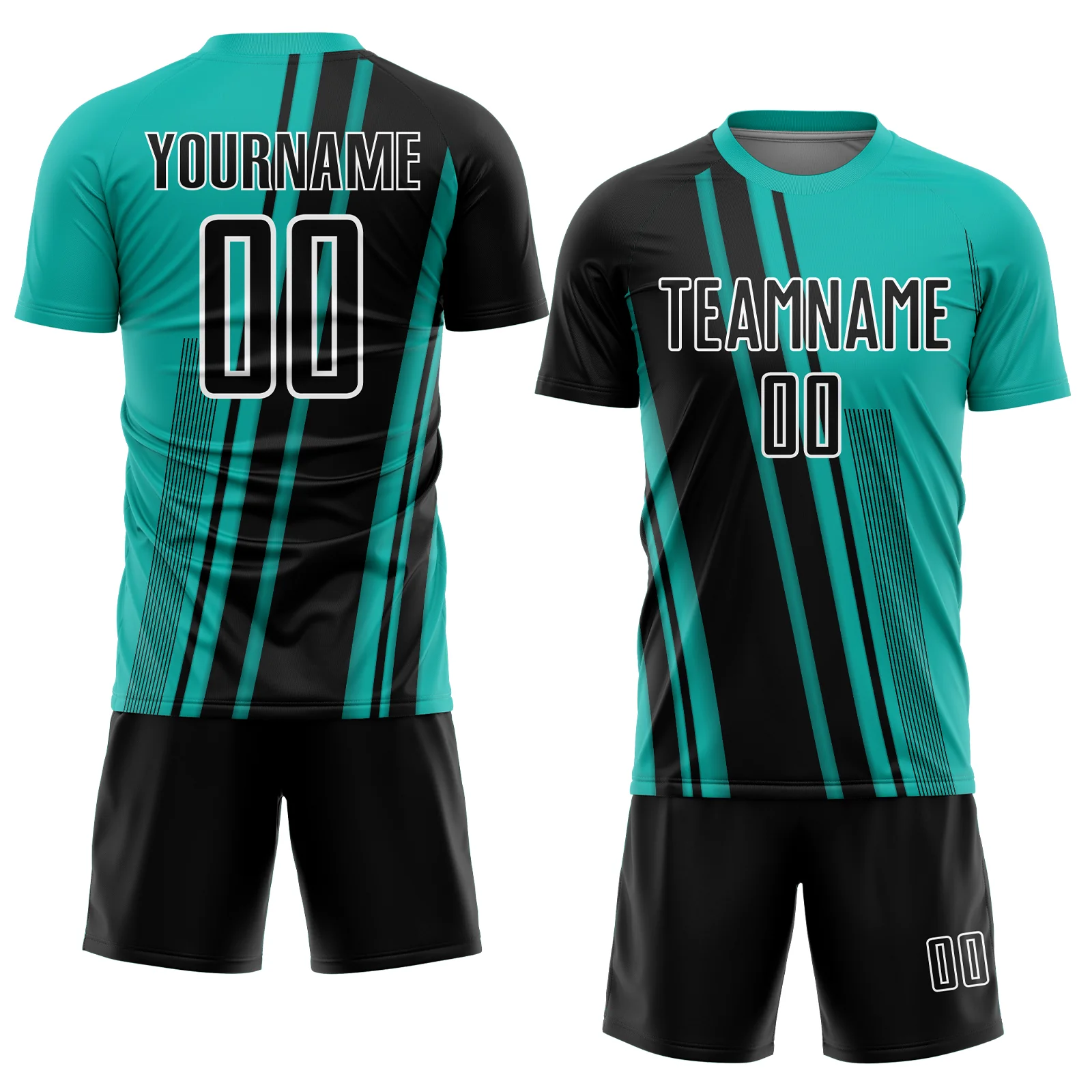 Custom Aqua Black-White Lines Sports Sublimation Soccer Uniform Jersey - Image 2