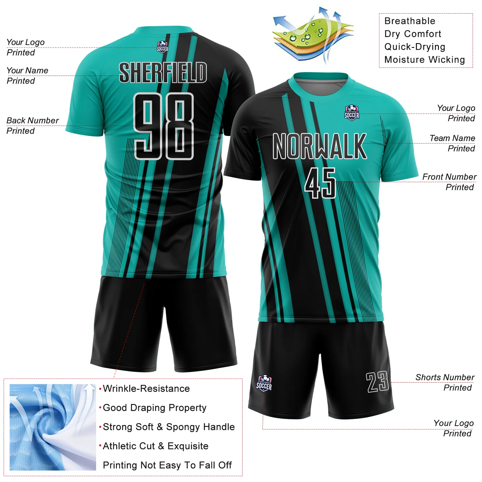 Custom Aqua Black-White Lines Sports Sublimation Soccer Uniform Jersey - Image 4