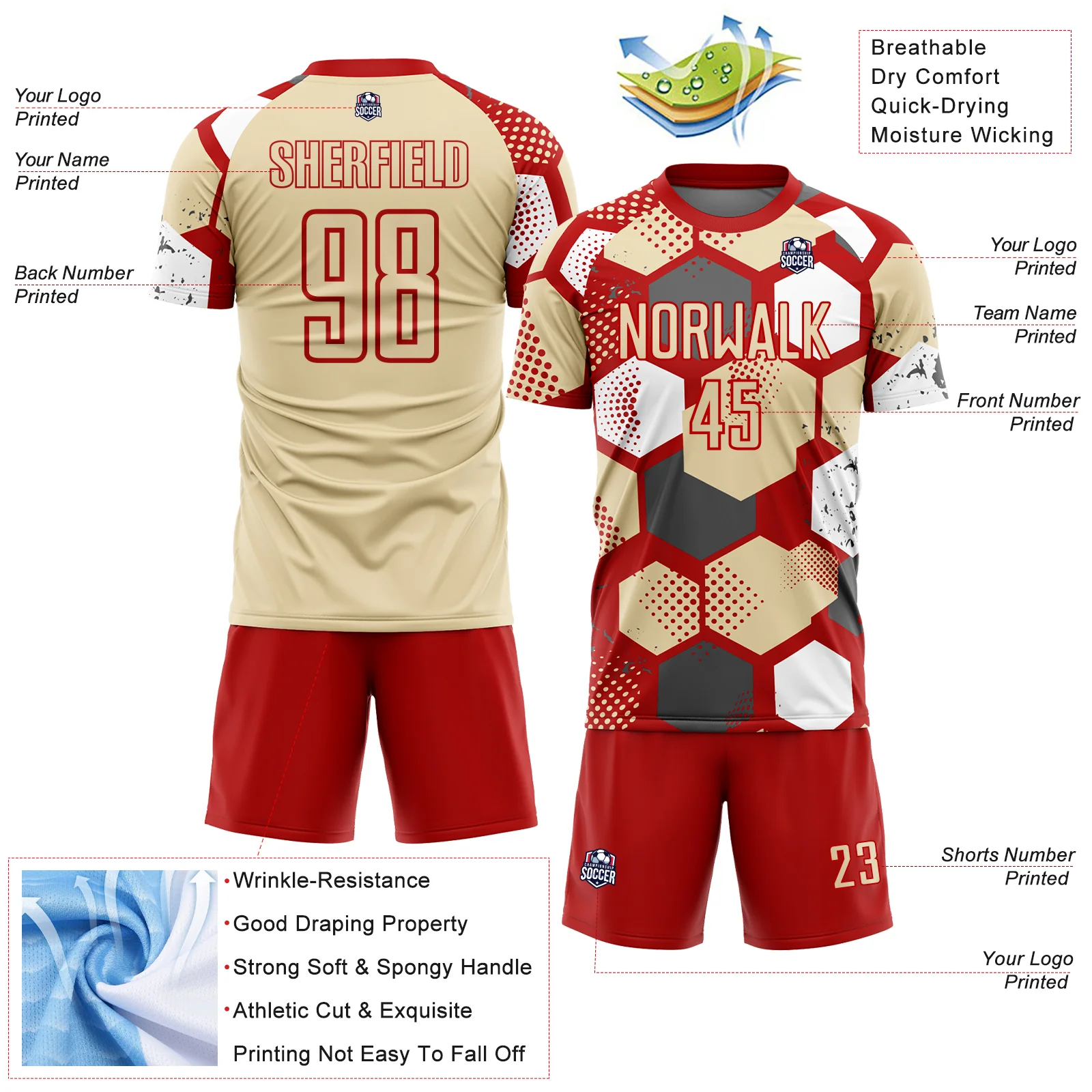 Custom Red Cream-White Geometric Shape Sublimation Soccer Uniform Jersey - Image 4
