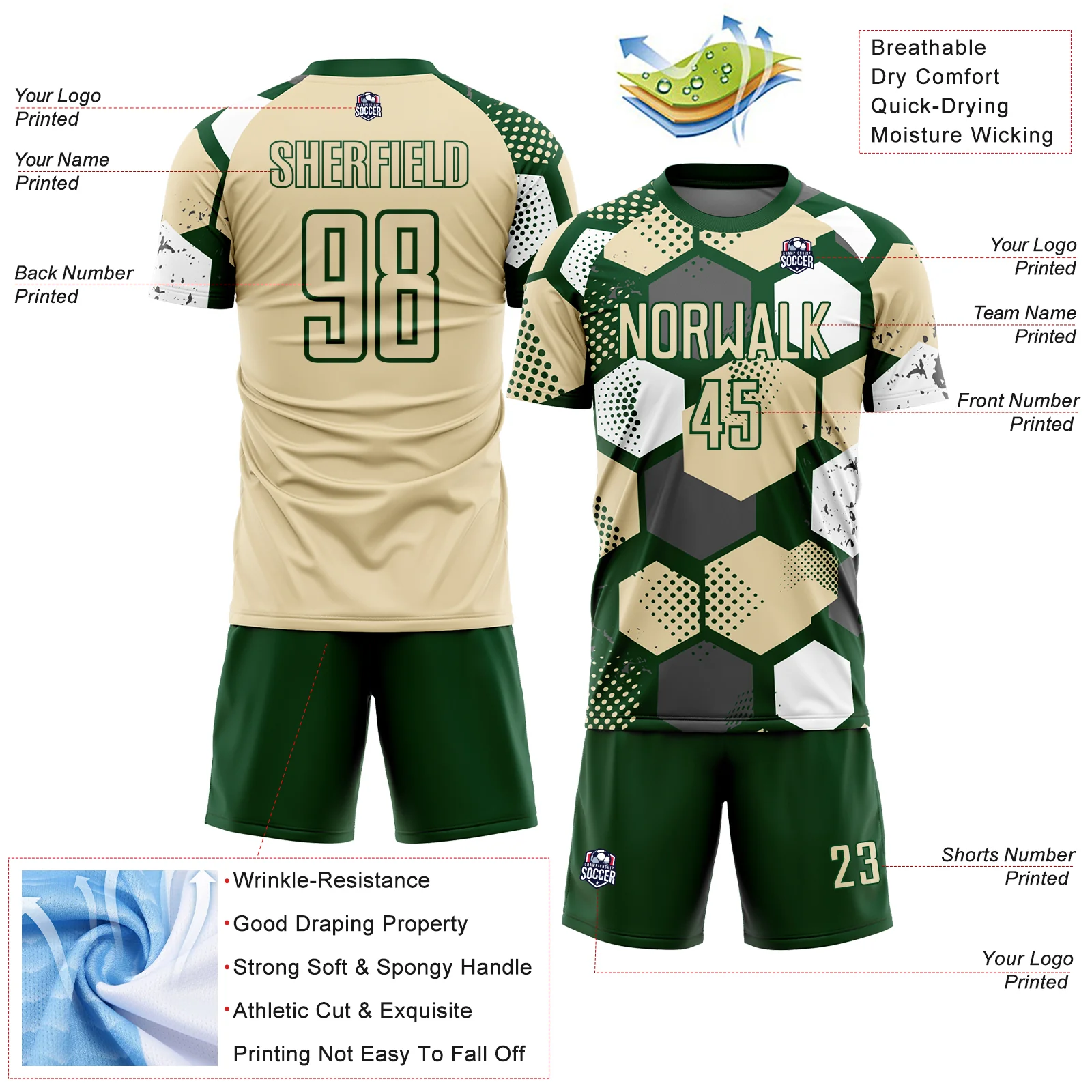 Custom Green Cream-White Geometric Shape Sublimation Soccer Uniform Jersey - Image 4