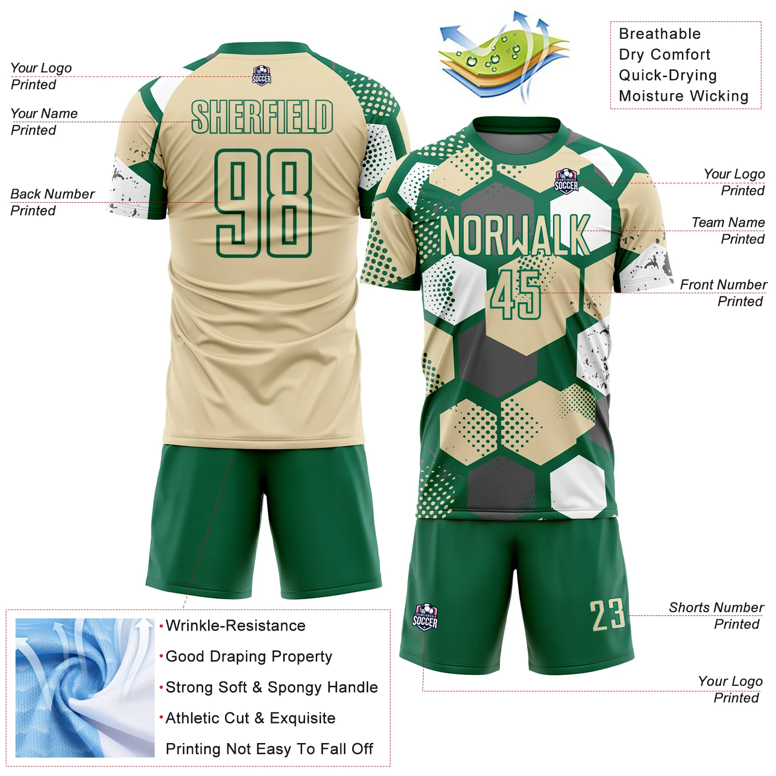 Custom Kelly Green Cream-White Geometric Shape Sublimation Soccer Uniform Jersey - Image 4