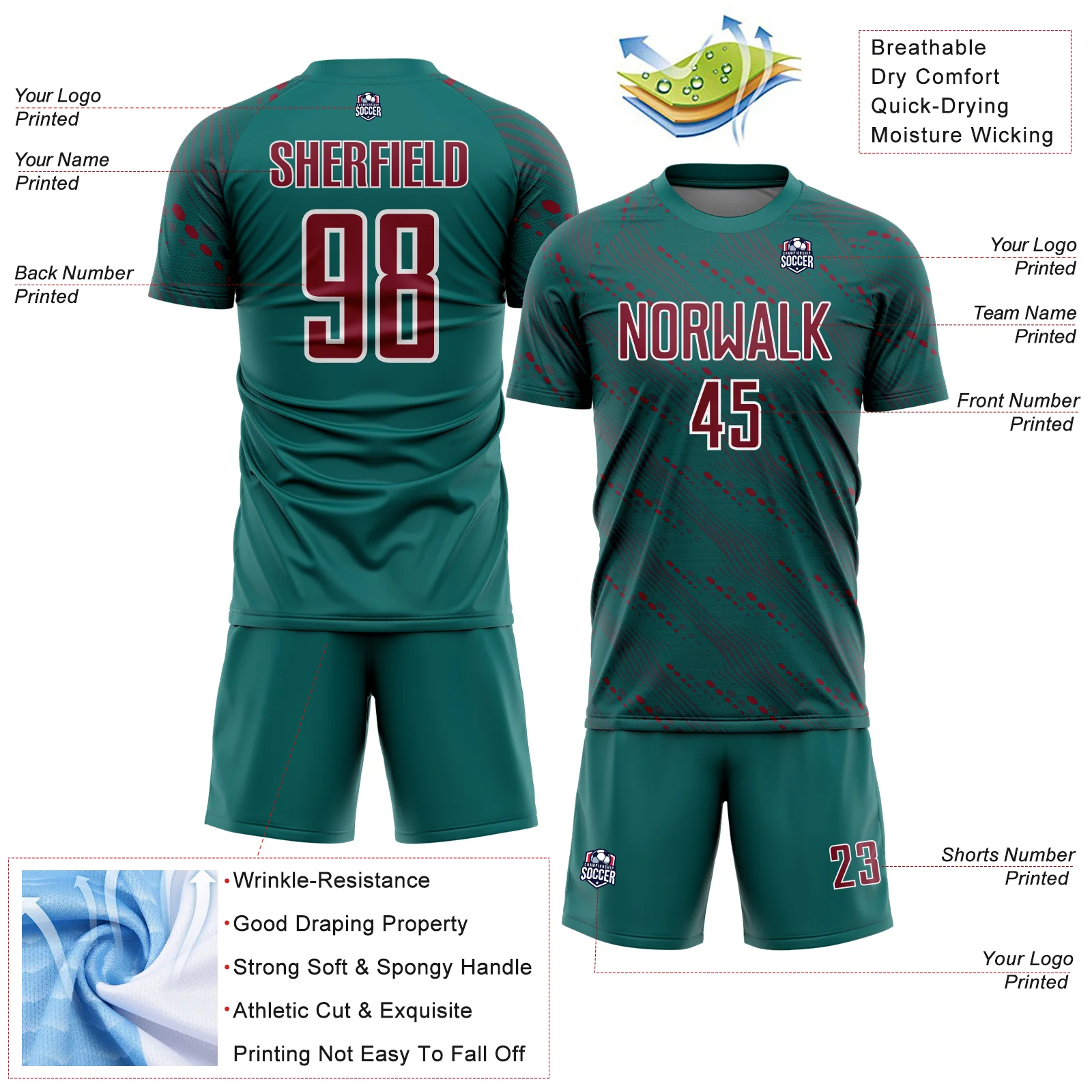 Custom Teal Crimson-White Slant Lines Sports Sublimation Soccer Uniform Jersey - Image 4