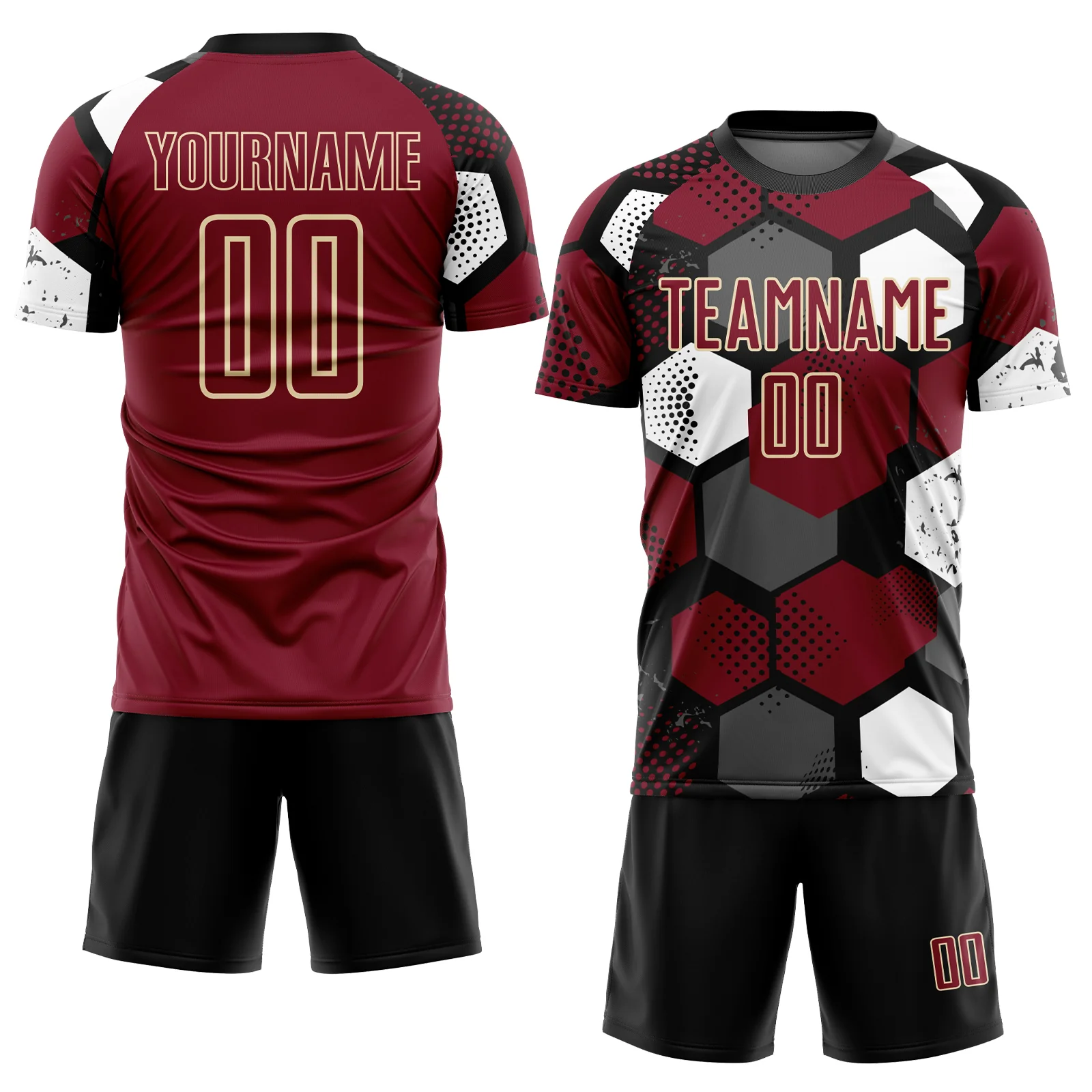 Custom Black Crimson White-Cream Geometric Shape Sublimation Soccer Uniform Jersey - Image 2